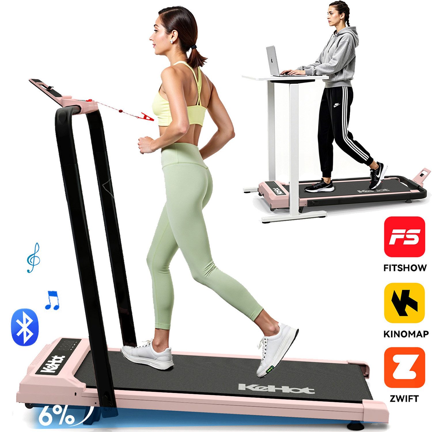 kehot Laufband Klappbares Laufbänder für Zuhause bis 6% Steigung mit Armlehne Ständer (1400W 3 in 1 Walking/Jogging Pad 1-12km/h, 2,5 PS, mit LCD,Fernbedienung,Sicherheitsschloss,Bluetooth,APP-Funktion), Inklusive Werkzeugsatz und Schmiermittel,Max.Tragfähigkeit 120 kg