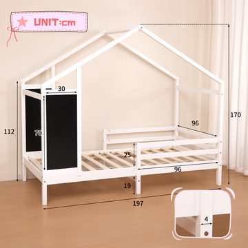 JINPALAY Kinderbett Hausbett aus Kiefer mit Rausfallschutz und Tafel 90 X 190 cm