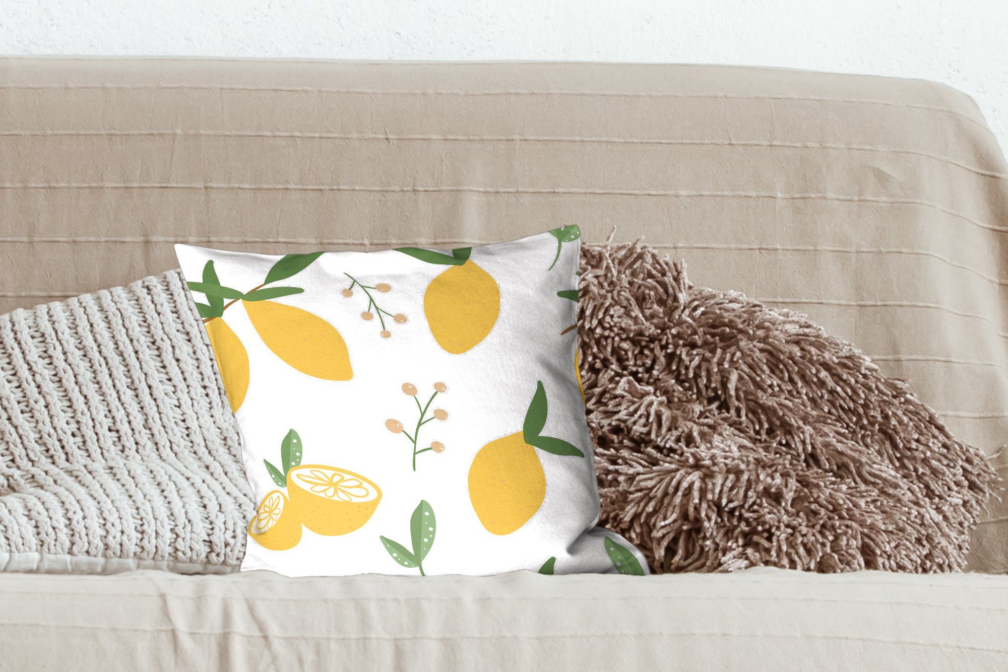 Schlafzimmer, - MuchoWow Wohzimmer, Zierkissen Muster für Weiß, - Obst Sofakissen - Füllung mit Zitrone Deko, Dekokissen
