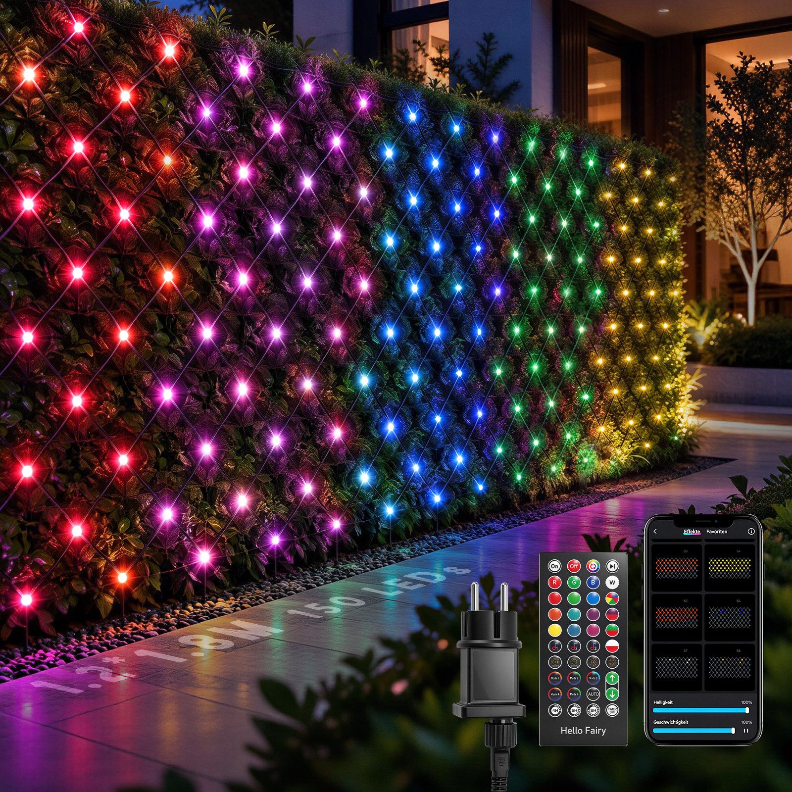 XERSEK LED-Lichternetz Smart APP RGB Netzlichter Lichterkette Lichtervorhang Weihnachtsdeko, 150LEDs 1,2×1,8m, Außen Netzlicht 30+ Modi, Timer, Dimmbar, Musik-Sync