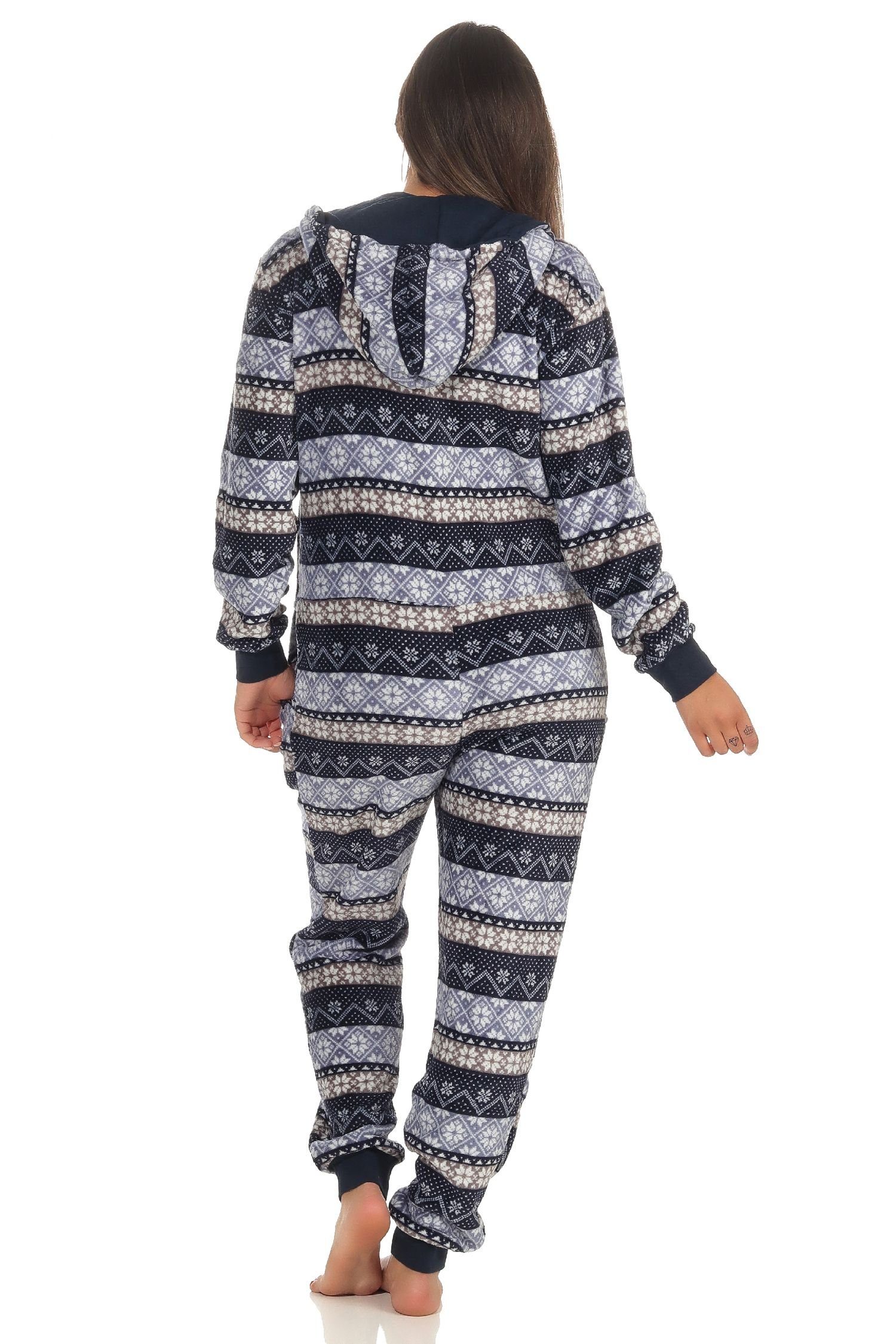 Normann Pyjama Damen Jumpsuit Overall Schlafanzug Norweger-Look, Overall mit Kapuze
