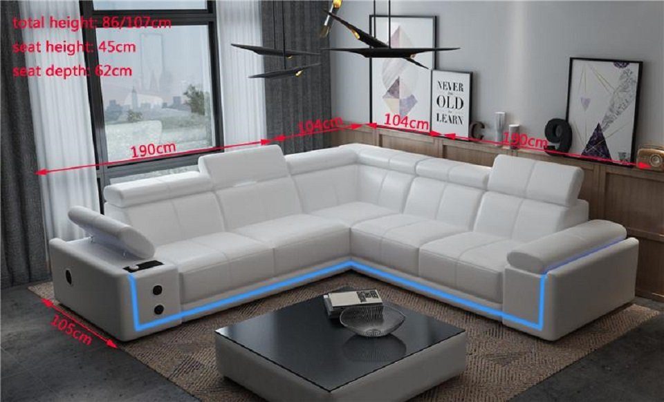 Neu L JVmoebel Led Leder Ecksofa Weiß Couch Sofa Couchen Modernes Sound Ecksofa, Form Boxen