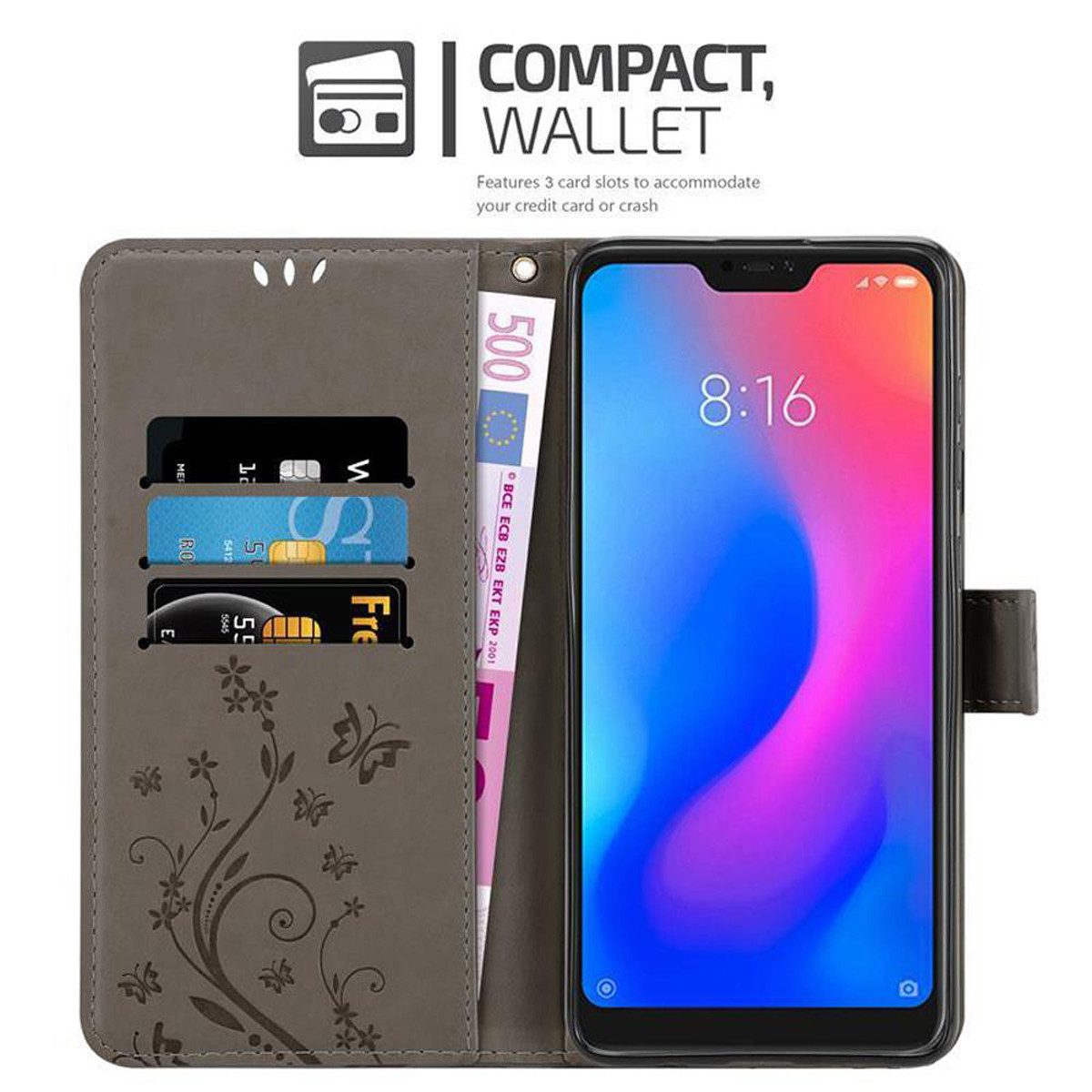 Cadorabo Handyhülle für Xiaomi RedMi NOTE 6 PRO Hülle Xiaomi RedMi NOTE 6 PRO, Hülle Schutzhülle Blumen Flower mit Standfunktion Kartenfach Magnet