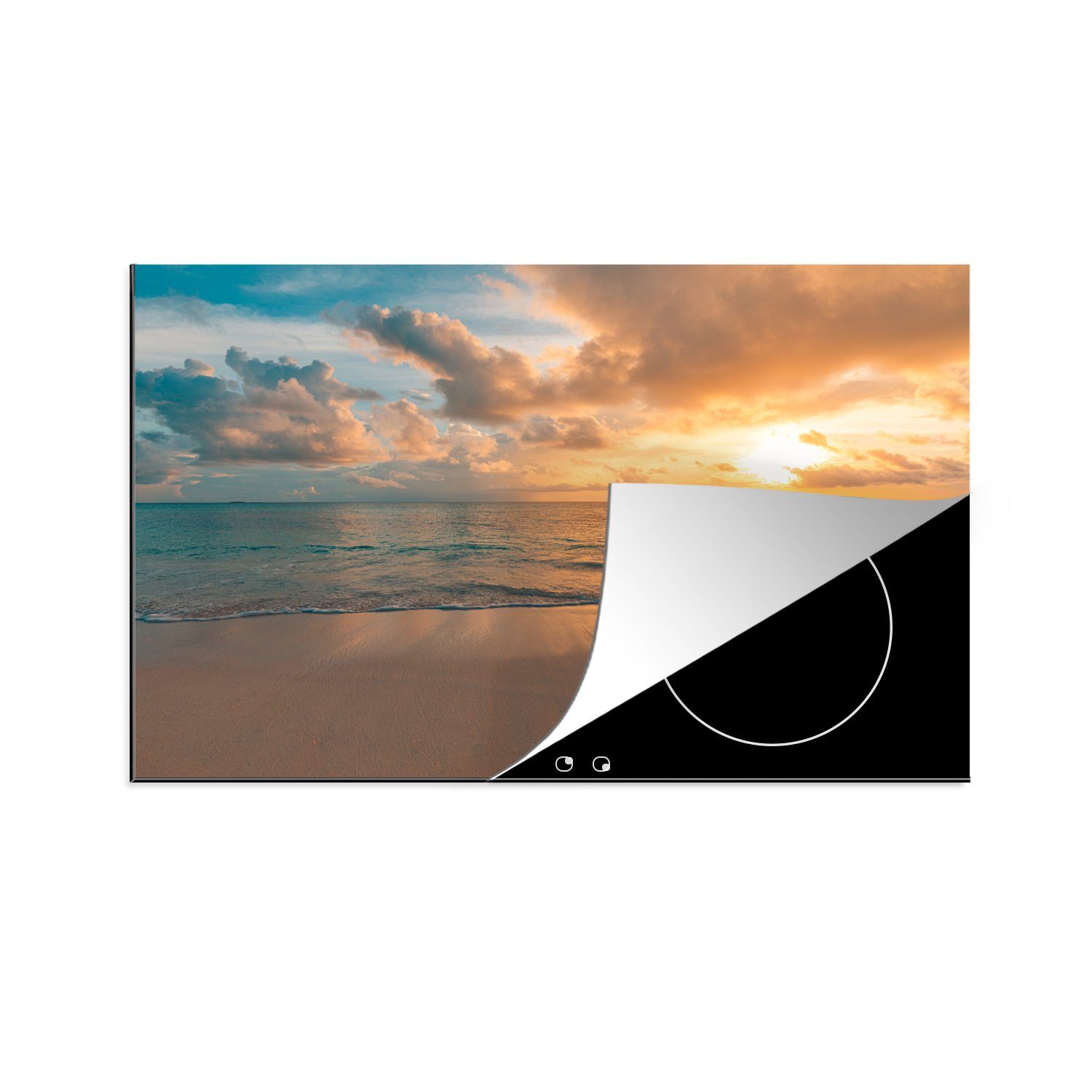 MuchoWow Herdblende-/Abdeckplatte Strand - Sommer - Sonnenuntergang - Wolken - Meer, Vinyl, (1 tlg), 81x52 cm, Induktionskochfeld Schutz für die küche, Ceranfeldabdeckung