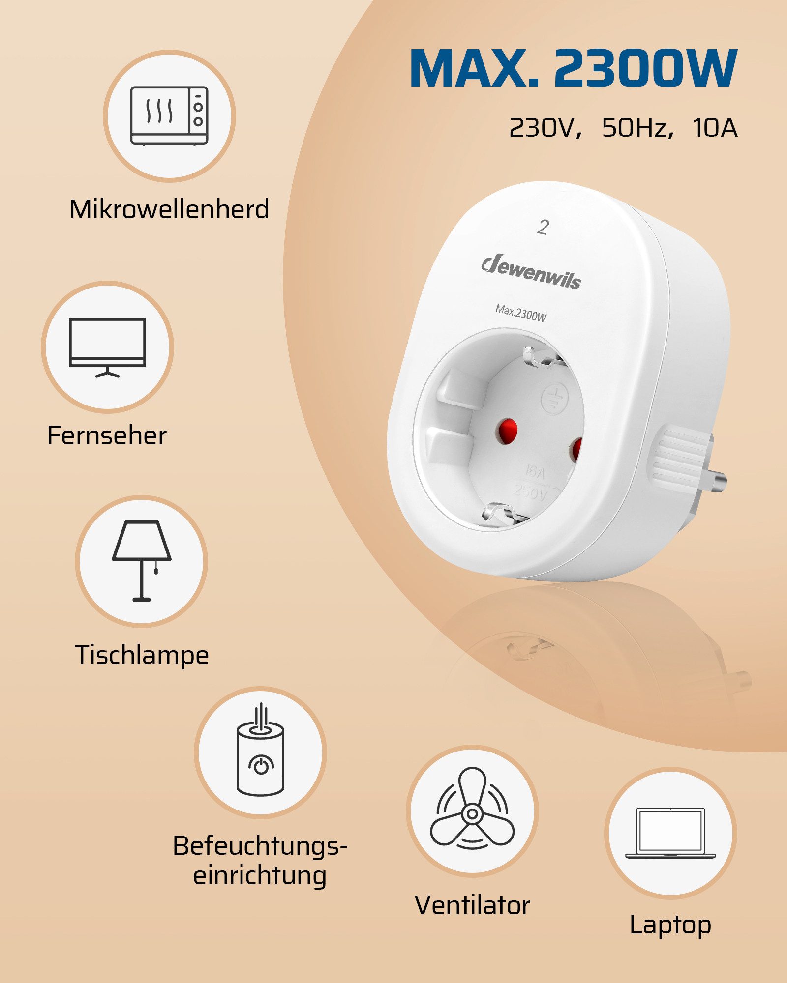 DEWENWILS Funksteckdose mit Fernbedienung, max. 2300 W, 5-St., 30M Reichweite, Funksteckdosen-Set