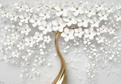 Wallarena Fototapete 3D EFFEKT Blumen Baum Magnolie Gold Vlies Tapete für Wohnzimmer oder Schlafzimmer Vliestapete Wandtapete Motivtapete, Glatt, Blumen, Vliestapete inklusive Kleister