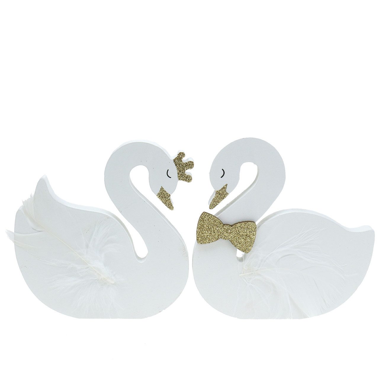 Florists Products Bastelnaturmaterial Deko-Schwäne Hochzeit Holz Weiß Gold Krone Fliege 12x13cm 2er, 2 Stück