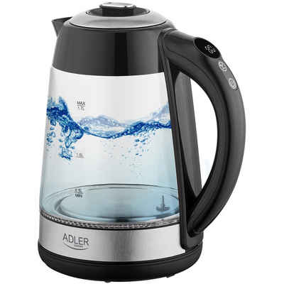 JUNG Wasserkocher ADLER AD1285, Wasserkocher mit Temperatureinstellung 40-100°C Digital, 1,7 l, 2200,00 W, Glas mit Edelstahl, LED Beleuchtung & LCD Display, 360° Basis Kettle