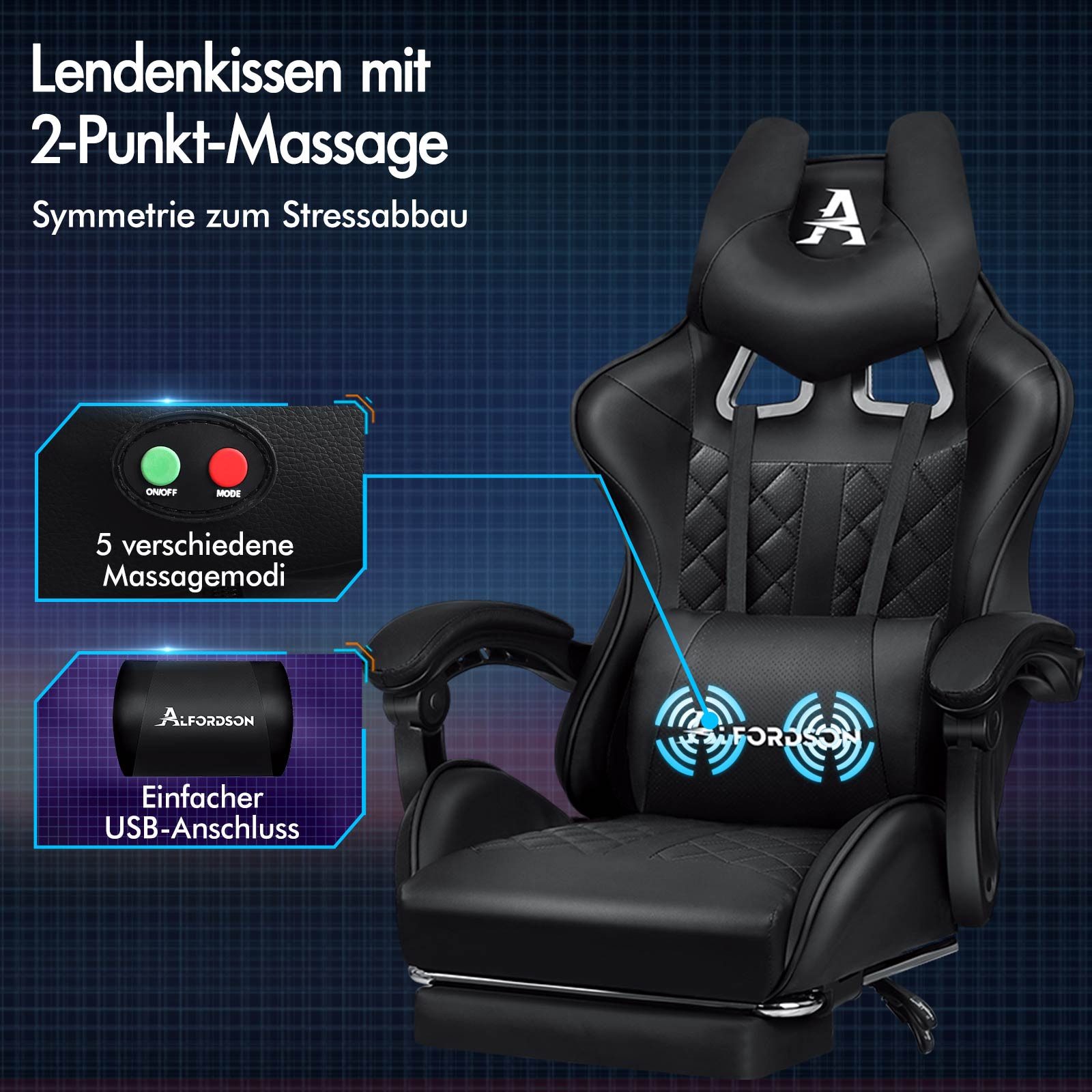 ALFORDSON Gaming-Stuhl Bürostuhl, Integrierte Fußstütze, mit Lendenwirbelkissen, 150° Neigungsverstellung, PU-Ledersitz mit hoher Rückenlehne