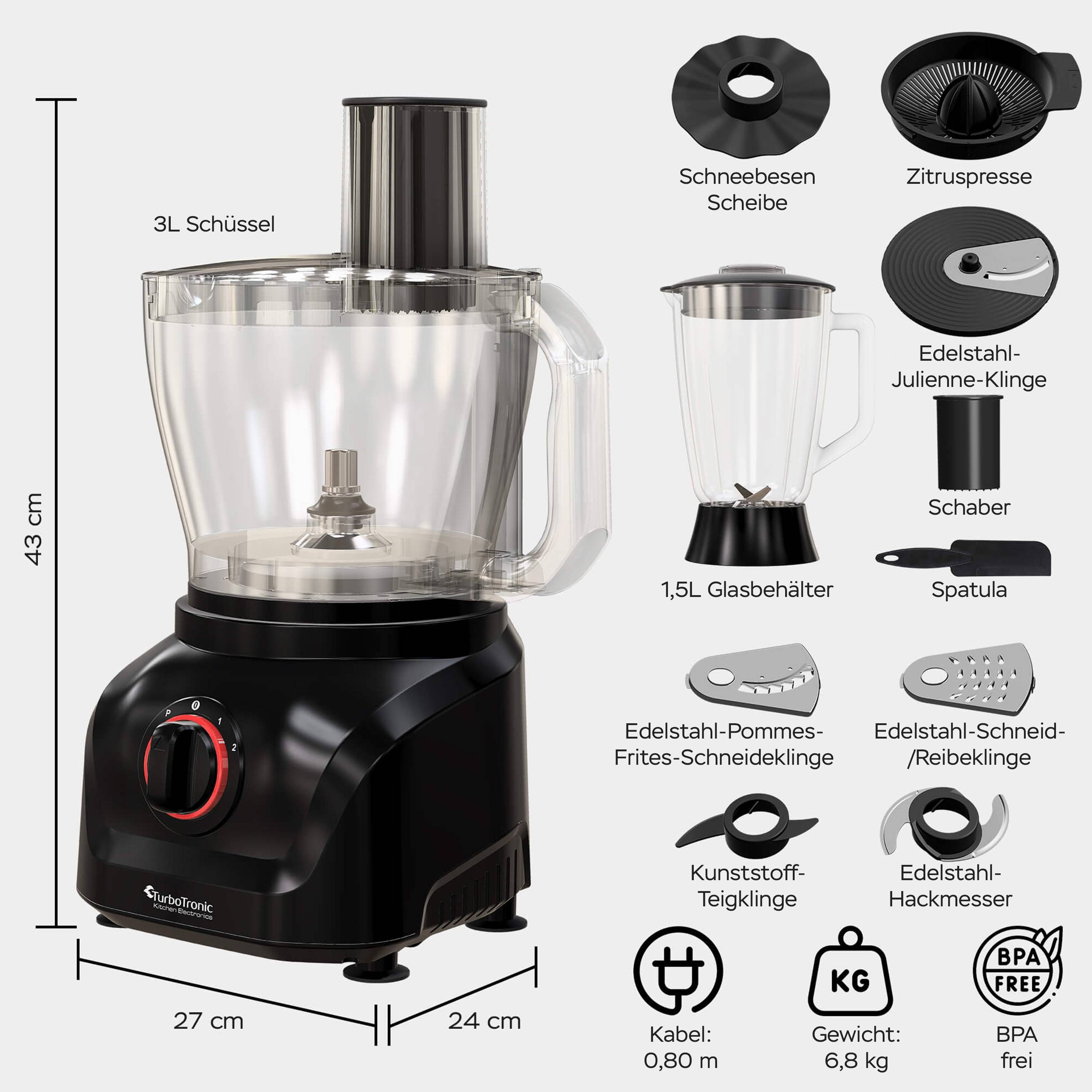 TurboTronic by Z-Line Küchenmaschine Food Processor mit Standmixer 1,5L Glaskaraffe Multizerkleinerer Mixer, 1900 W, 3 l Schüssel, Raspelscheiben Zitruspresse Zerkleinerer Eiscrusher Power