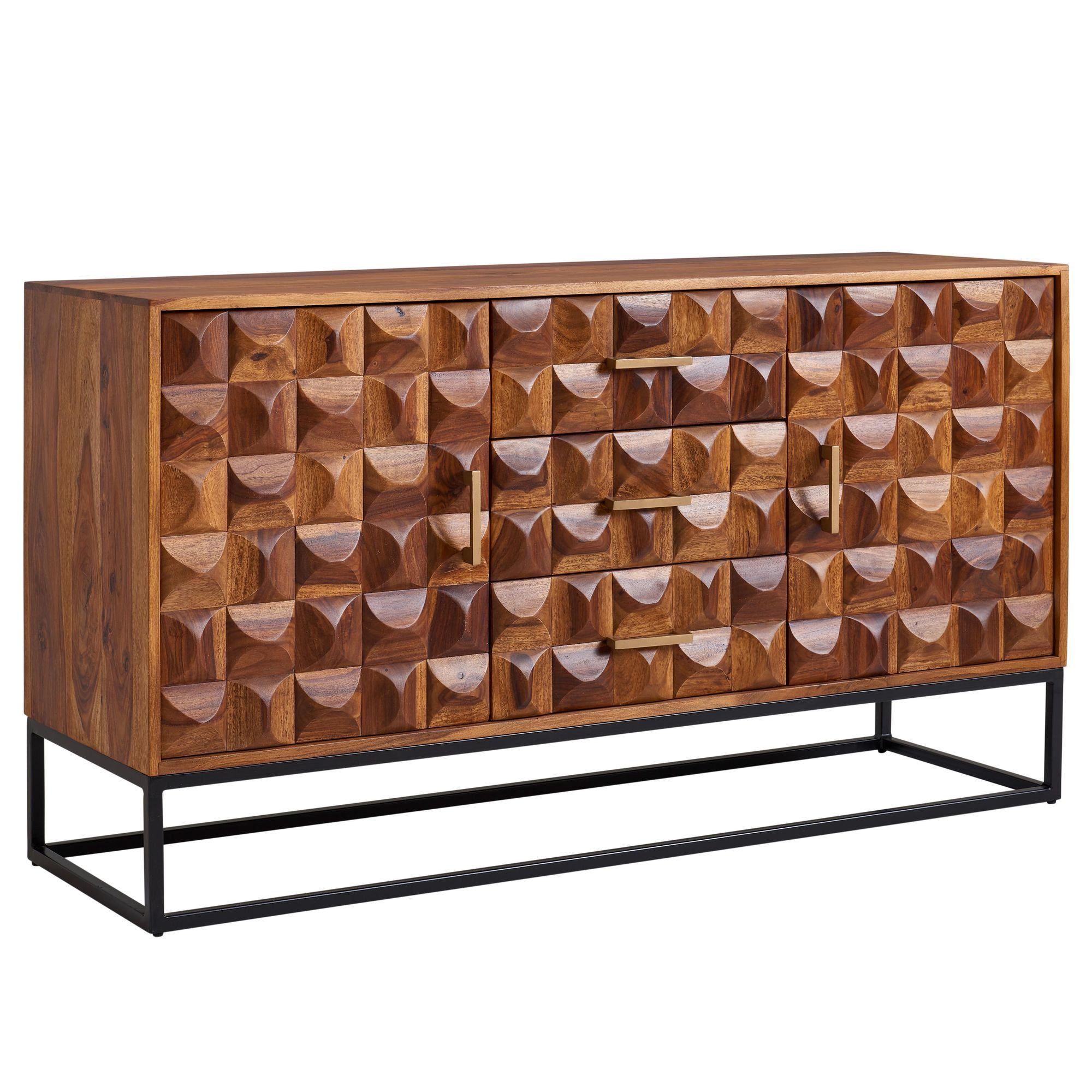 furnicato Sideboard Massivholz Walnuss Finish 145x81x45 cm Braun (1 St), Anrichte mit 3D-Front und Metallgestell für dein Wohnzimmer