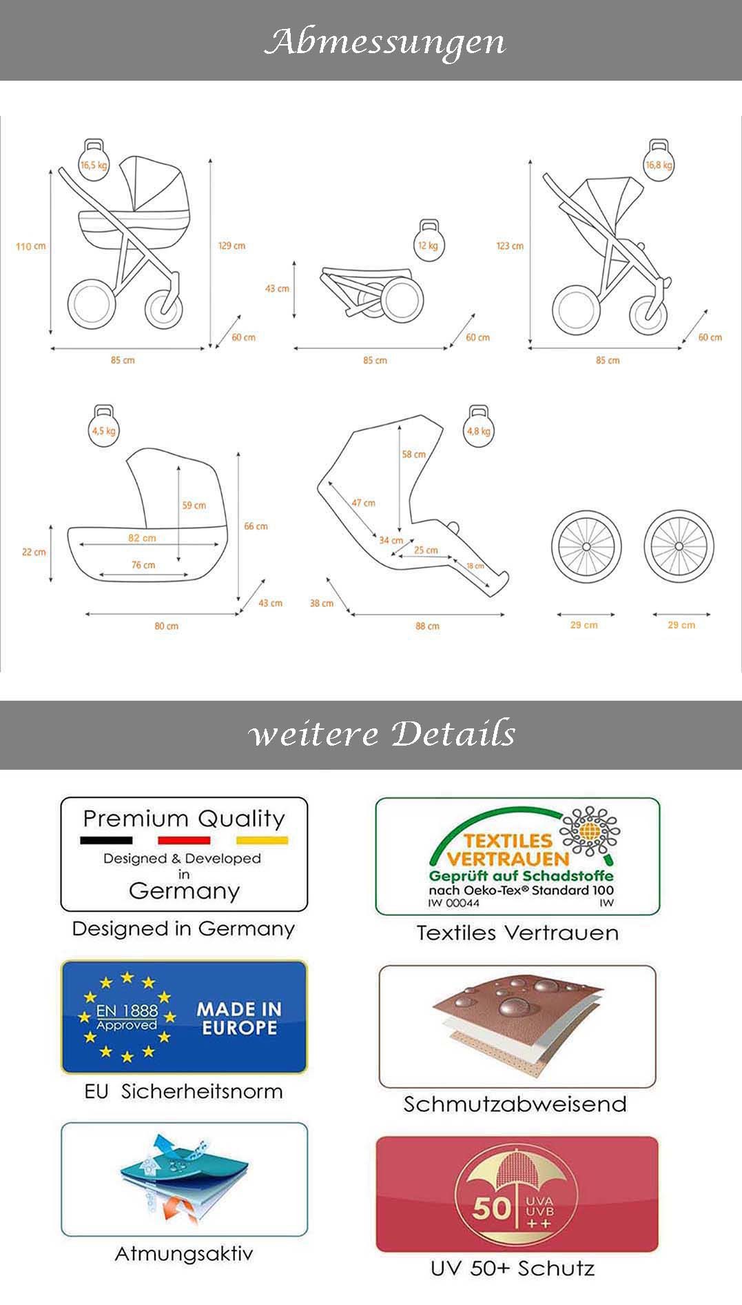 BabyMerc Kombi-Kinderwagen Sorento Gold 2 in 1 inkl. Sportsitz und Zubehör in 30 Farben
