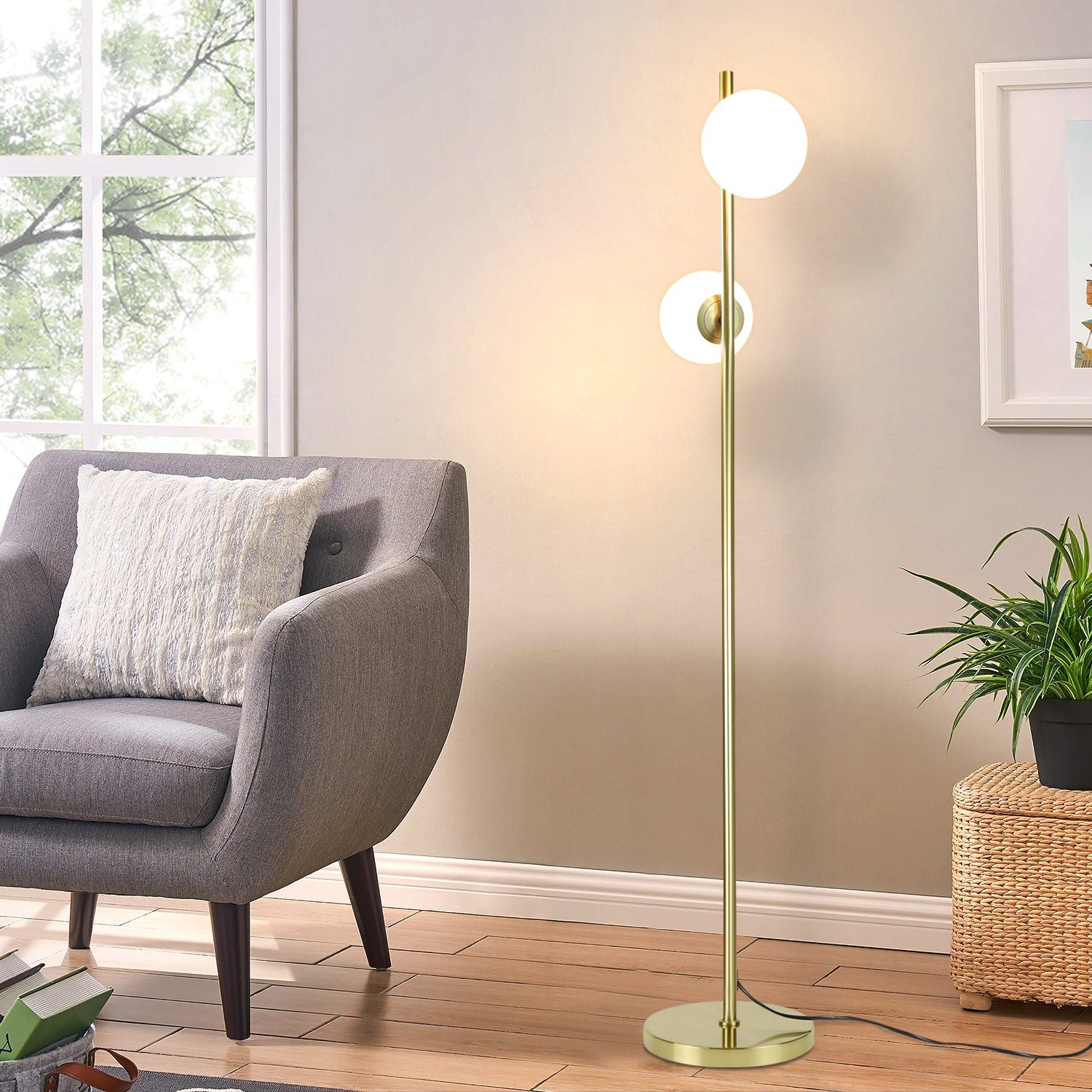 ZMH LED Stehlampe Gold 2-Flammmig Wohnzimmerlampe E27 Fassung Retro Schlafzimmer Flur, Einfache Installation, ohne Leuchtmittel, Warmweiß, 166cm Whonzimmerlampe
