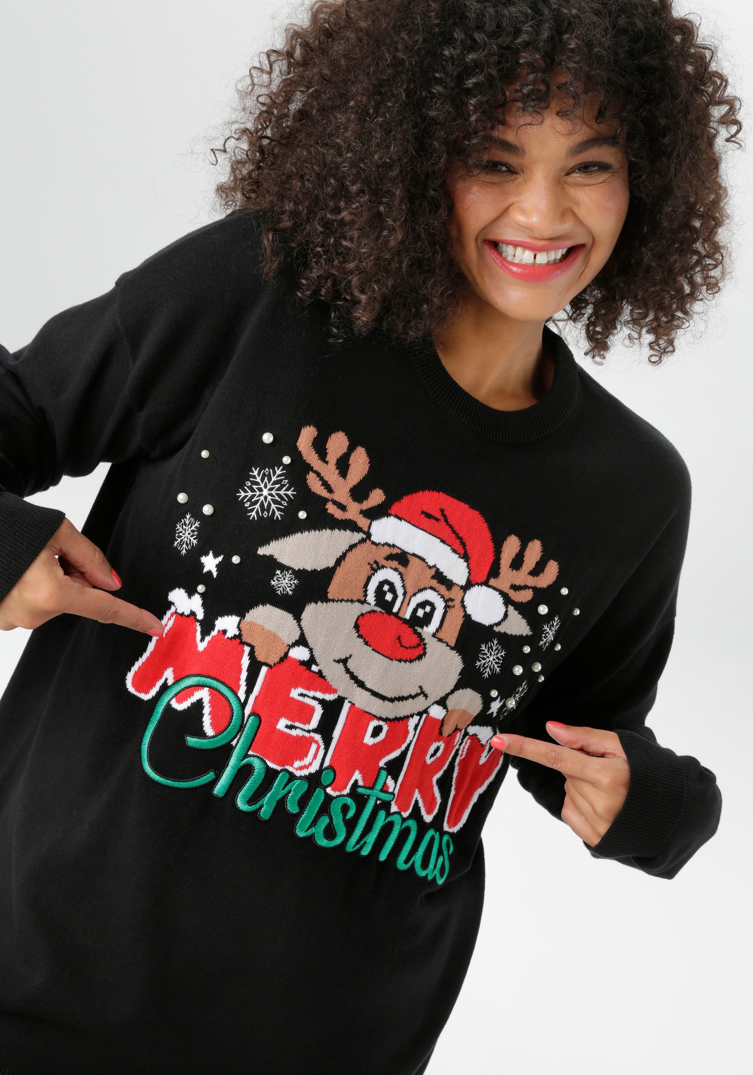 Aniston PLUS Weihnachtspullover mit Rentier-Motiv