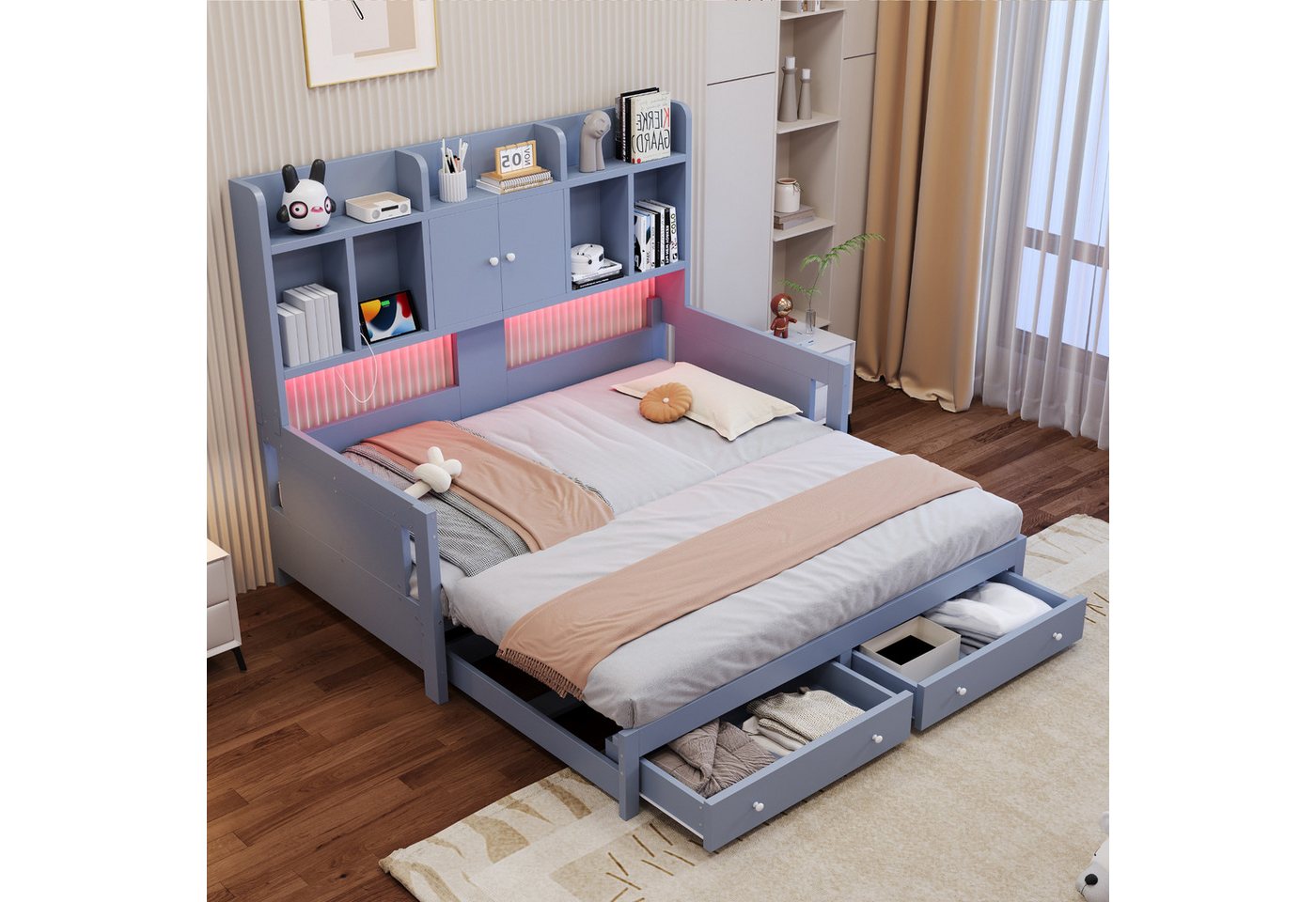 Celya Schlafsofa Ausziehbares Gästebett Mit Steckdosen und LED-Beleuchtung, ohne Matratze, Mit Schubladen, Schränken und offenen Fächern, Geeignet für Schlafzimmer und Gästezimmer