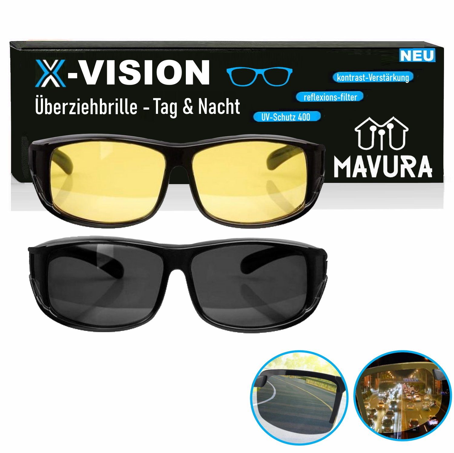 MAVURA Brille X-VISION Sonnenüberbrille Nachtsichtüberbrille Überziehbrille, Brille Nachtsichtbrille Sonnenbrille Überbrille Polarisiert [2er]