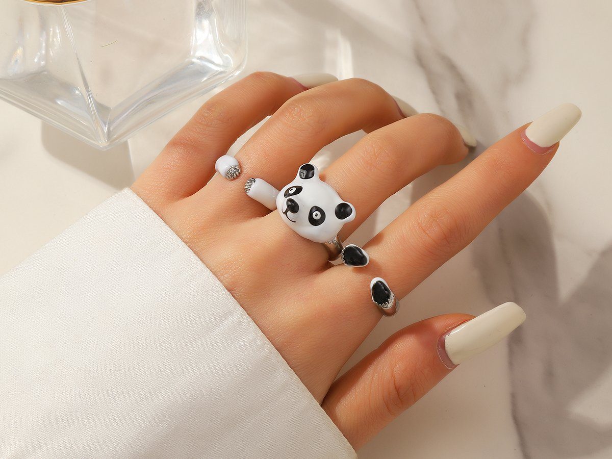 Fingerring Set, Größenverstellbar, Eyecatcher Set. Ring Süßes Pandabär Tierschmuck Naturschmuck, Naturschmuck, Niedlicher Ring Ring One Size