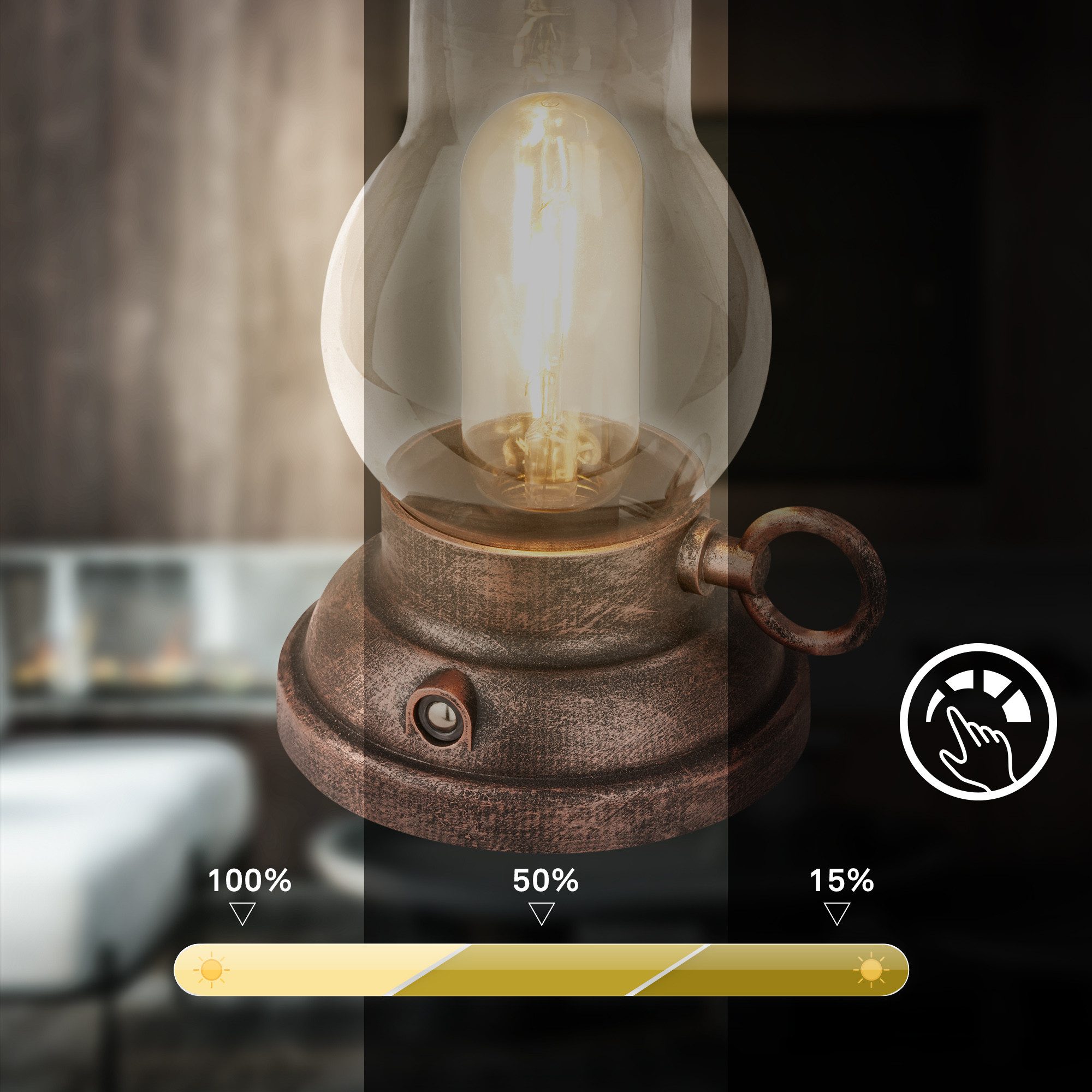 Briloner Leuchten LED Tischleuchte Vintage Tischlampe Akku Kerzenlicht Nachtlicht kabellos, LED fest integriert, 10,5 x 17,5 cm Beige/Bronze-crafted, Anthrazit, 1,5W Schlafzimmer