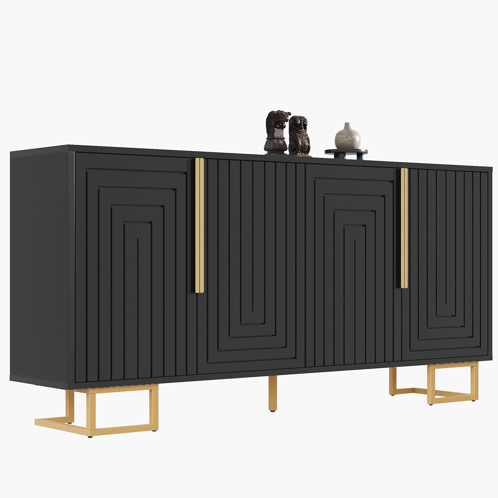 KLAM HOME Sideboard Sideboard (152 x 40 x 75 cm) mit goldene Griffe und Füße für ein, Anrichte, Kommode mit viel Stauraum und Metallgriffe, mit 4 Türen