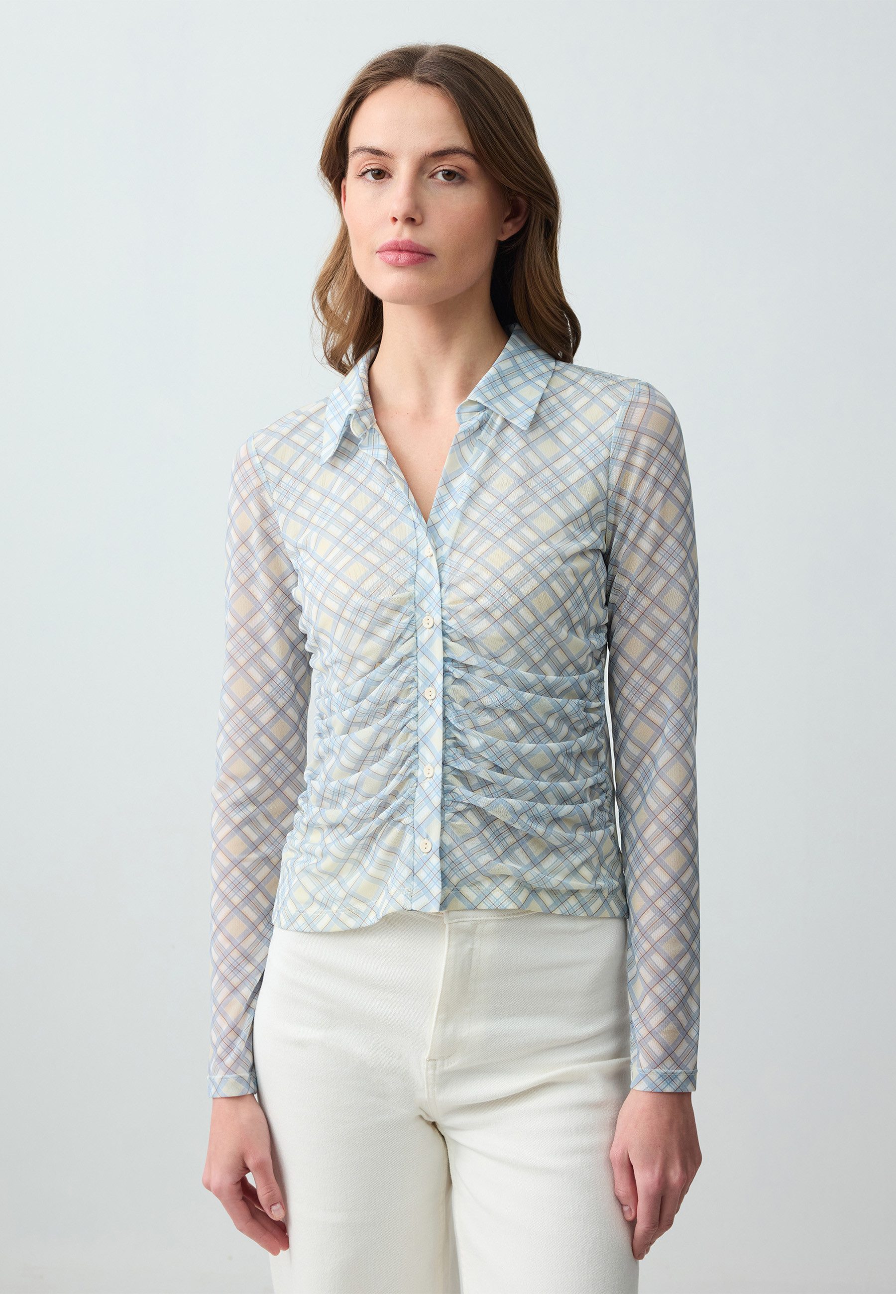 Shirtbluse Slim Fit Langarm-Strickhemd Aus Netzstoff Mit Karomuster