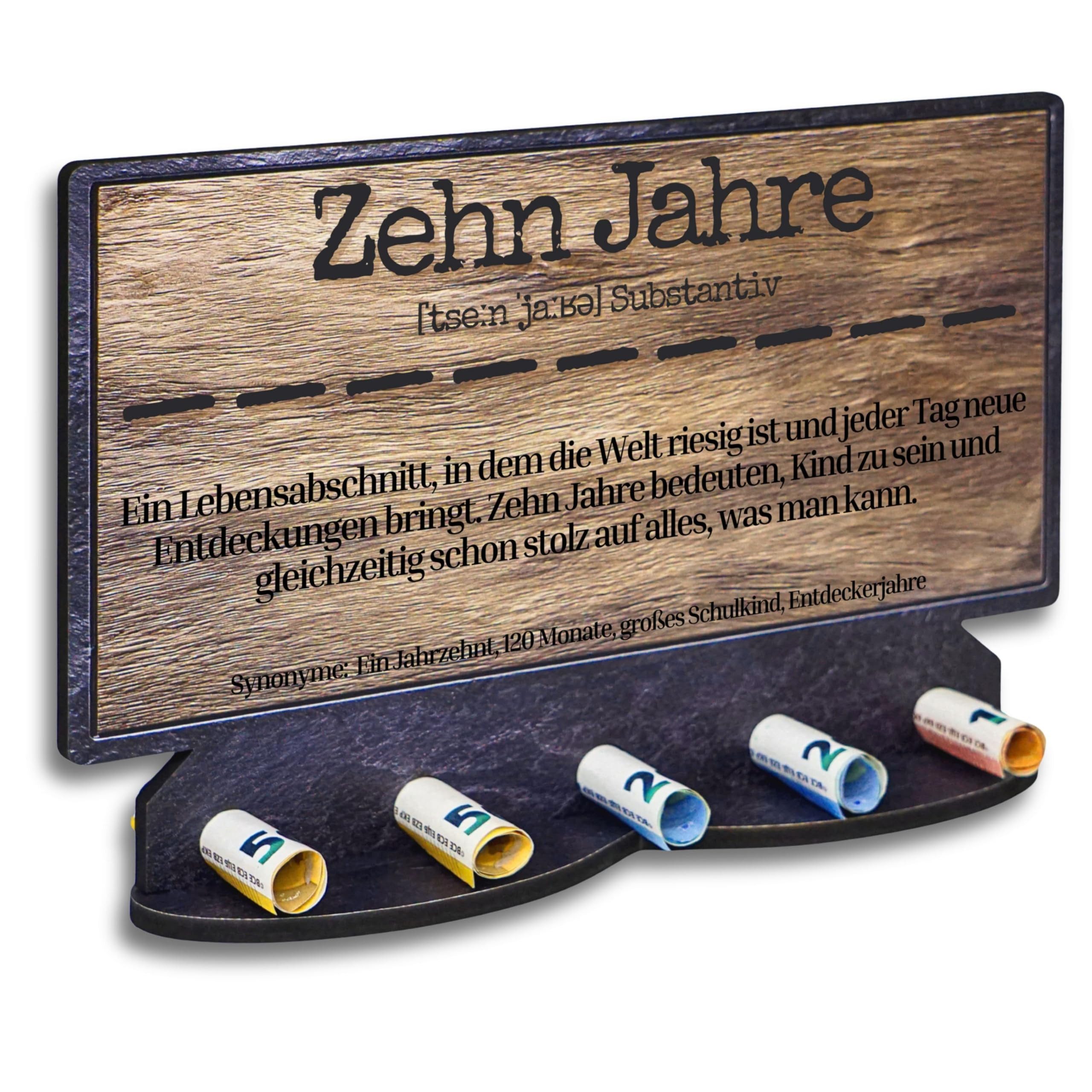 DARO Design Dekoobjekt Geldgeschenk Geburtstag Zahl Holzoptik Schieferoptik (Dekoration, 10 Jahre – Geldscheinhalter), 28 cm breit, 6 mm HDF