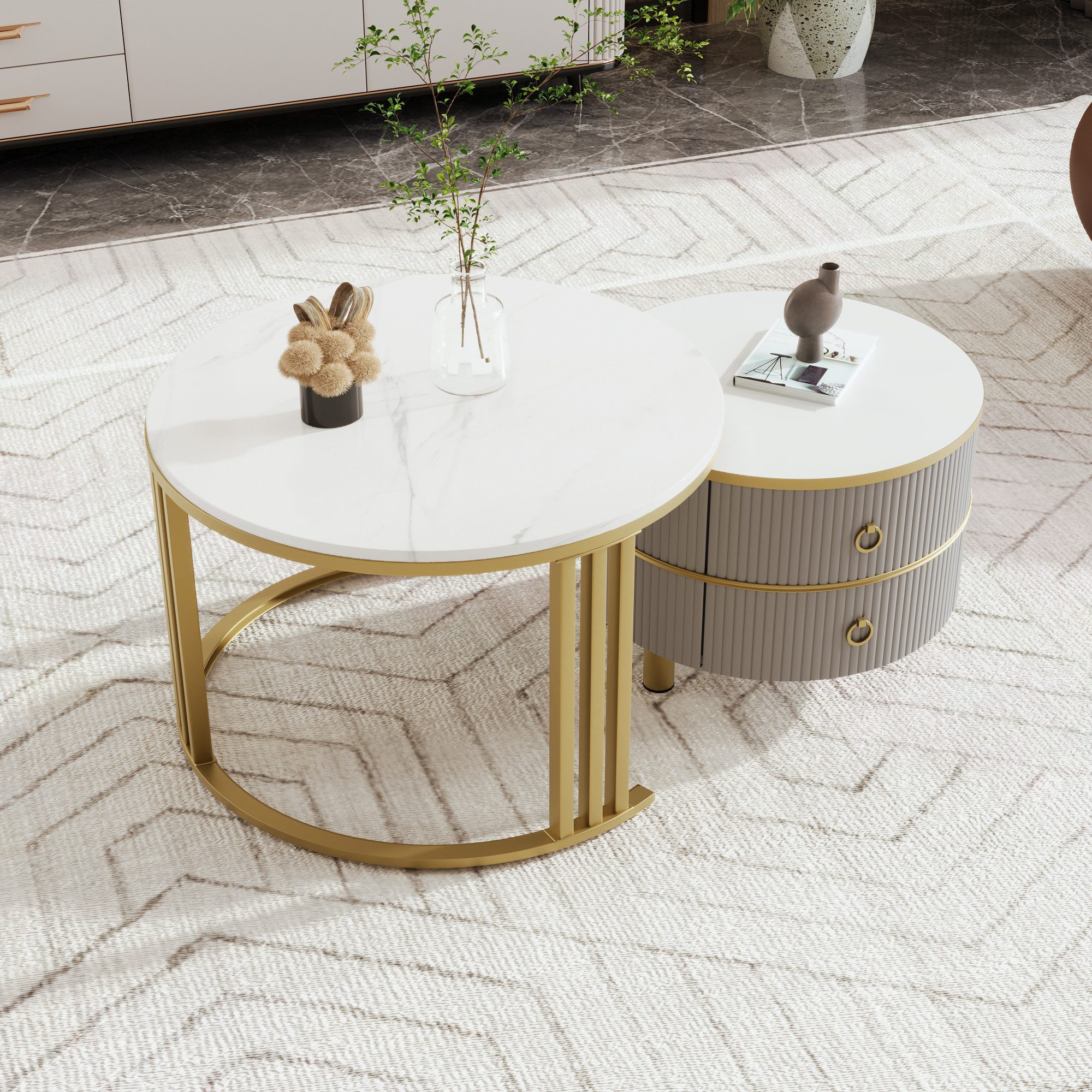 NMCXXO Couchtisch Eleganter Couchtisch mit Schubladen und Marmoroptik – Modernes Design (Ideal für Wohnzimmer & Büro, Platzsparendes stapelbares Design), Praktischer Couchtisch mit goldenen Akzenten und Schubladen.