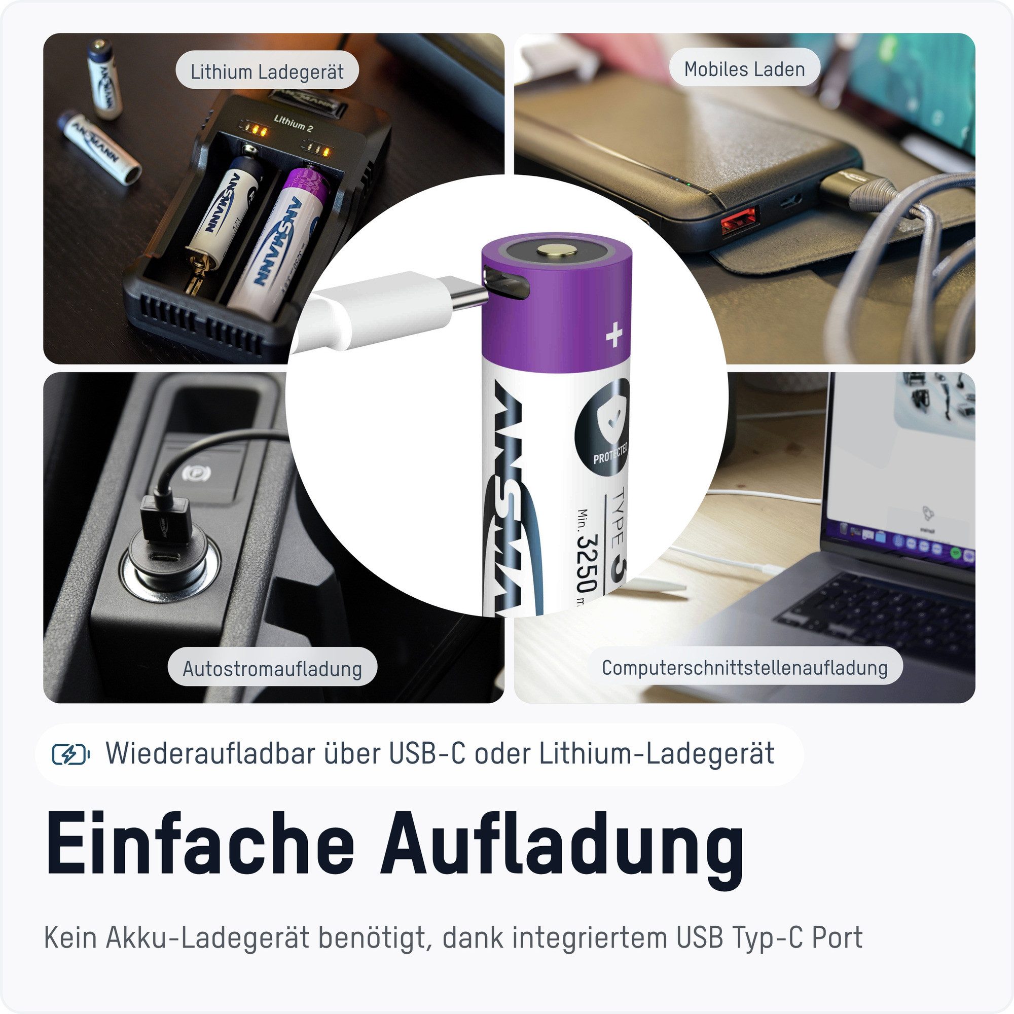 ANSMANN AG Li-Ion Akku 3.6V mit USB-C Port und Safetyboard, min. 3250 mAh Akku 3400 mAh (3.6 V)