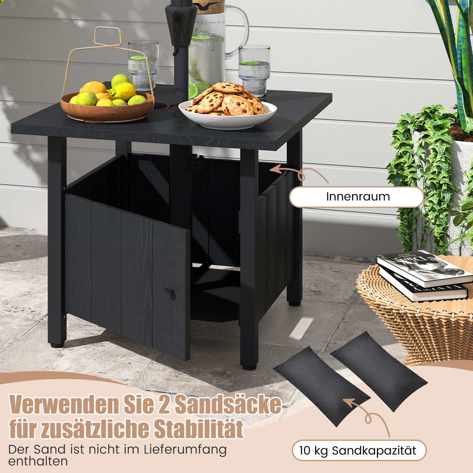COSTWAY Gartentisch, klein Beistelltisch mit Schirmloch, wetterfest