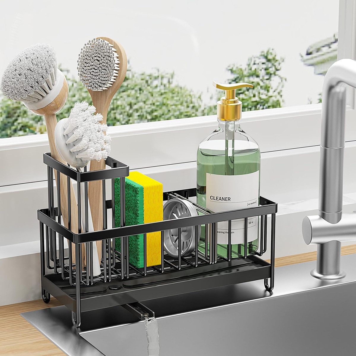 wohnTRAUM24 Küchenorganizer-Set Küchen Spülbecken Organizer, Sink Caddy Organizer, Schwammhalter, (Spülmittelhalter Küche, Abtropfhalter Küche,Küchenutensilien Organizer), Aufbewahrung für die Arbeitsplatte, Spülbürsten Halter mit Abfluss