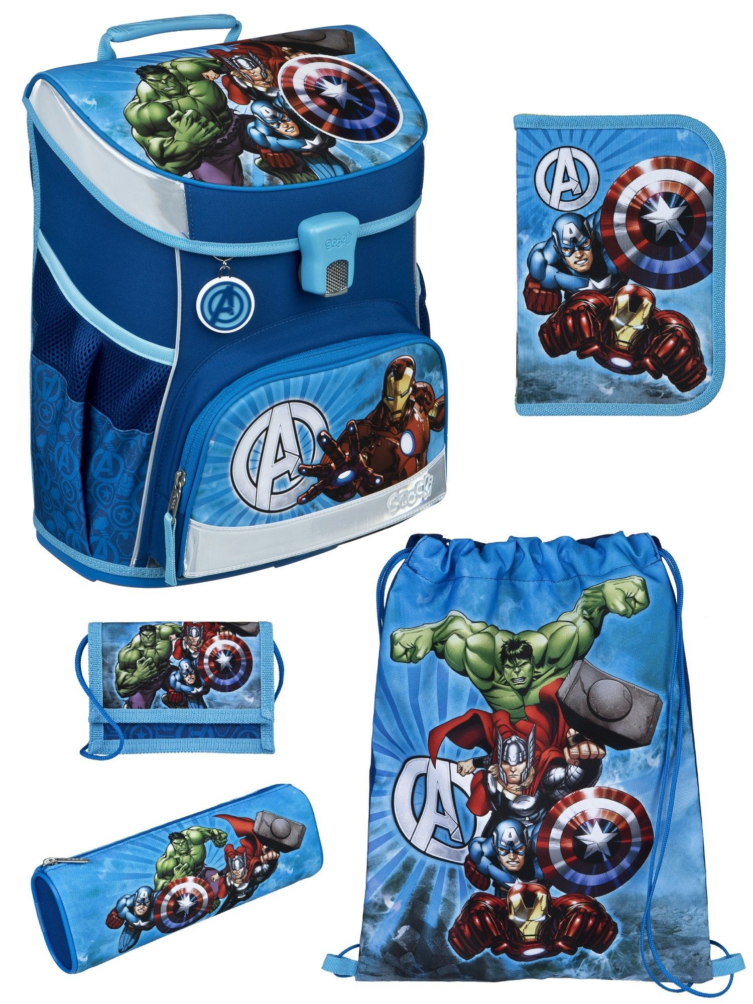 Scooli Schulranzen Campus Fit Avengers Schultasche, ab 1. Klasse, 980 Gramm, 18L Fassung (Grund-Set, 5-tlg., mit gefüllter Federmappe), leicht, ergonomisch, robust