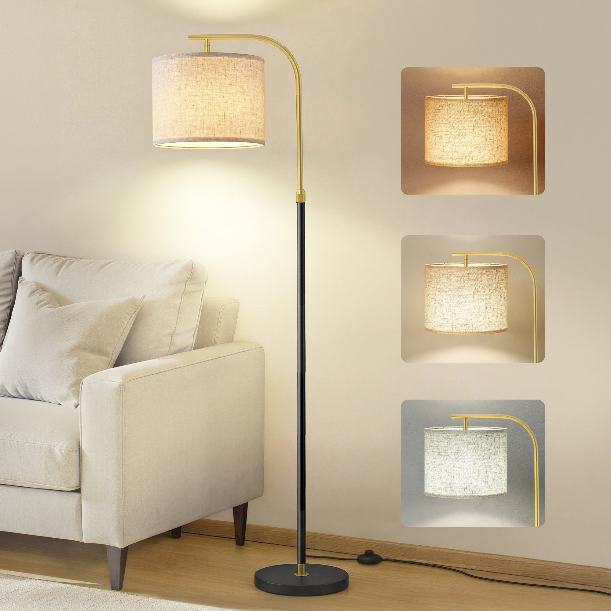 VASAGLE Stehlampe Stehleuchte, Bogenlampe, höhenverstellbare Leselampe, mit Fußtaster, mit 3 Lichtfarben, 150-175 cm hoch, modern, Lampenschirm aus Stoff, E27 Fassung