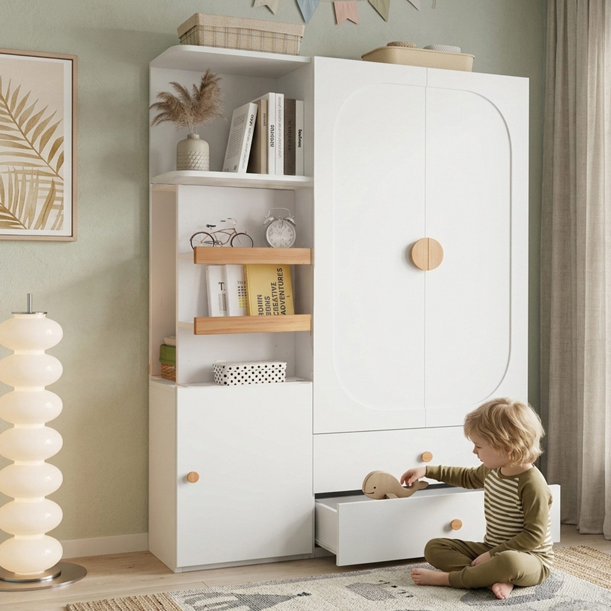 KEFEYA Kleiderschrank Weiß Natur mit Kleiderstange (2 Schubladen & offenen Regalfächern – Mehrzweckschrank für Erwachsene und Kinder, ideal für Schlafzimmer, Jugendzimmer & Flur, 1-St., 125x50x180cm)