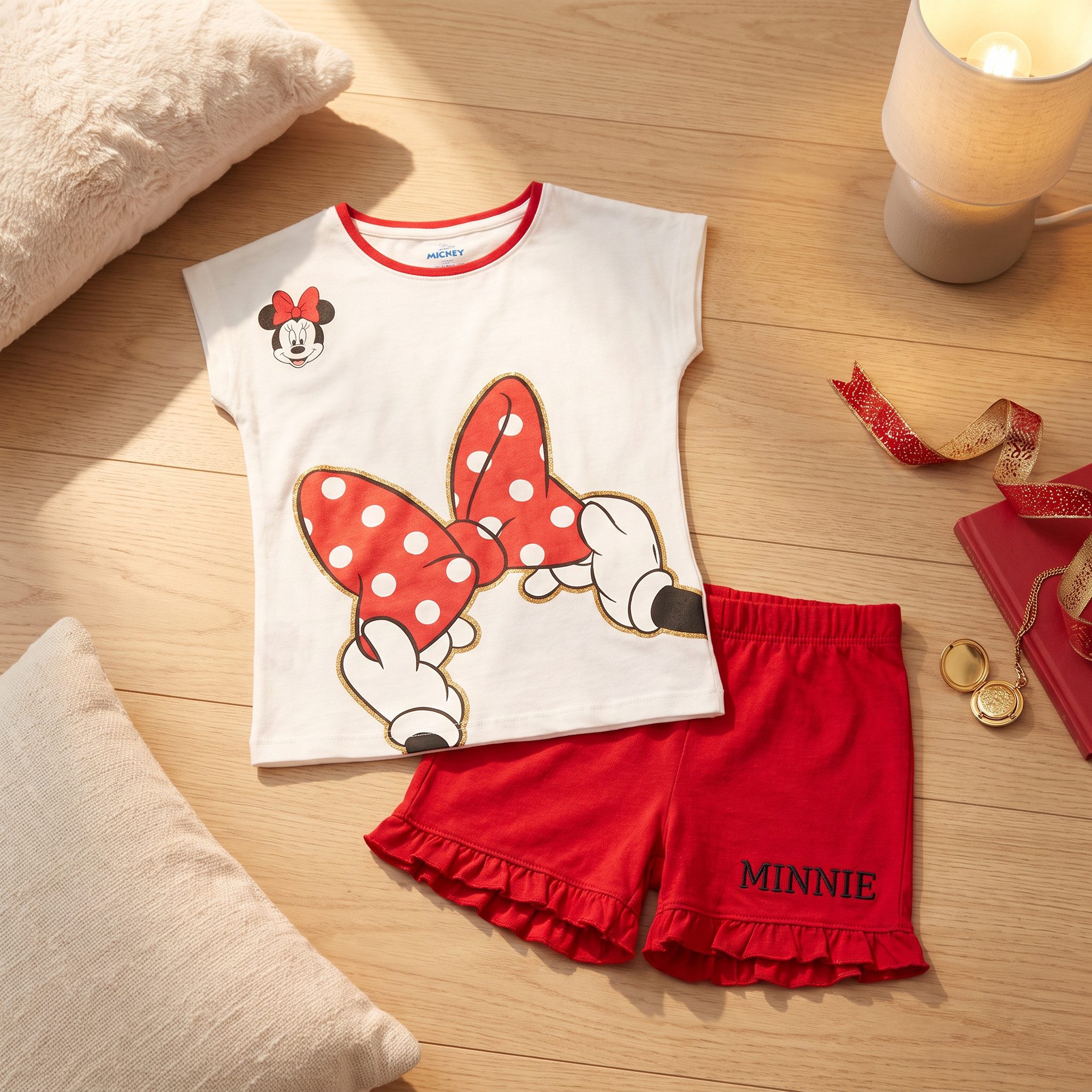 Disney Minnie Mouse Schlafanzug Minnie Maus Mädchen kurzarm Pyjama Shirt Shorts (Set) Gr. 134 bis 164, Baumwolle, Rot oder Schwarz – Bild 3 von 4