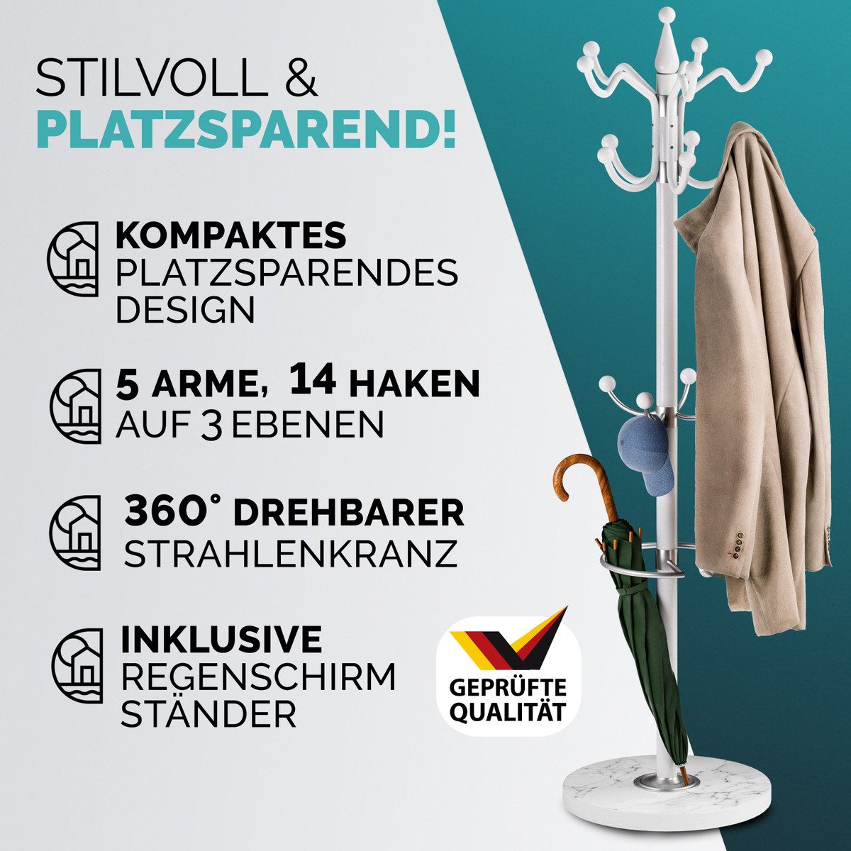 Casaria Kleiderständer, Marmorsockel Metall 14 Haken 360° Drehbar Stabil Modern 37x37x175cm