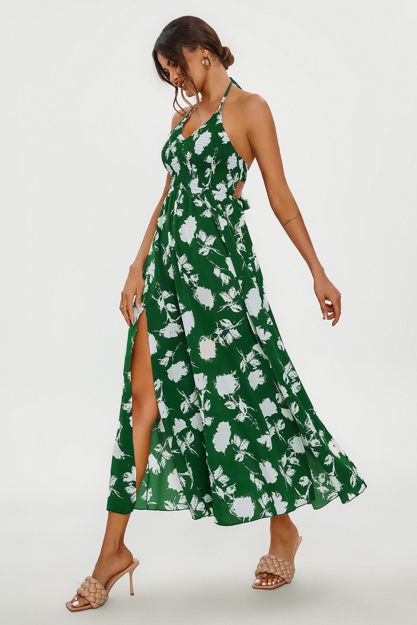 FS Collection Sommerkleid Damen Sommerkleid Maxikleid Neckholderkleid Rückenfrei Schlitz (S (UK 8/10 · EU 36/38) M (UK 10/12 · EU 38/40) L (UK 12/14 · EU 40/42) XL (UK 14/16 · EU 42/44) Neckholder, rückenfrei, Rückenschnürung, Beinschlitz, floral print