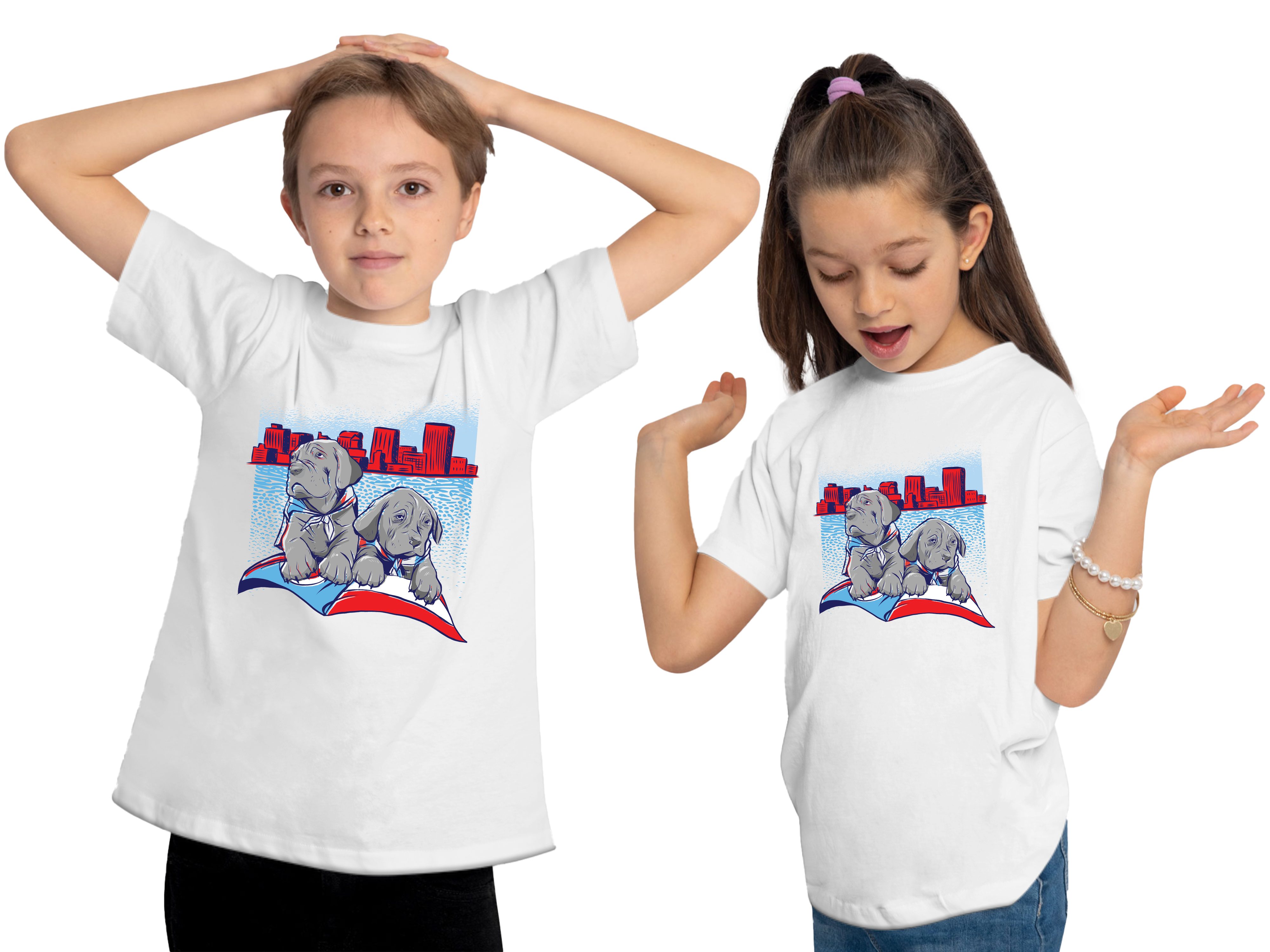 MyDesign24 Print-Shirt Kinder Hunde Baumwollshirt Aufdruck, weiss i231 süße Hundewelpen T-Shirt mit - 2 bedruckt