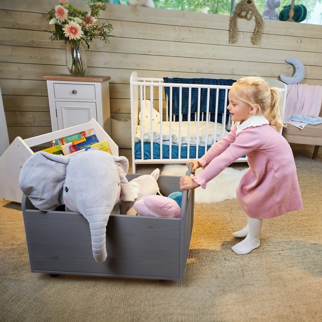 Alavya Home® Spielzeugtruhe BULLI Premiumqualität für Kinder (Kinderzimmerregal Spielzeugkiste), Spielzeug-Organizer mit 4 Rollen Aufbewahrungsregal aus Kiefernholz