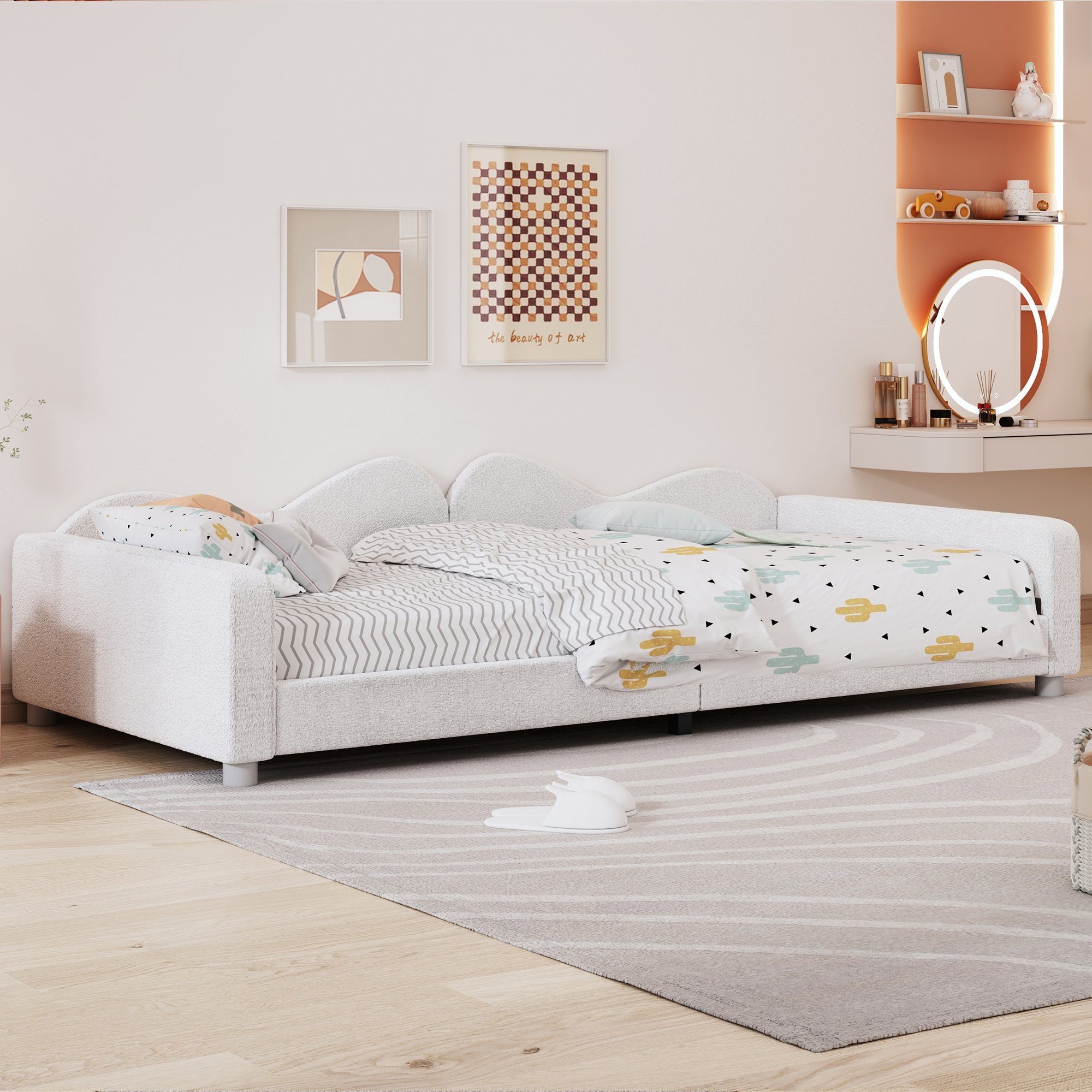 OKWISH Schlafsofa Kinderbett in kuscheligem pinken Teddystoff, 90x200 cm, mit Rückenlehne und Armlehnen, Ohne Matratze – ein gemütliches Nest zum Träumen und Entspannen