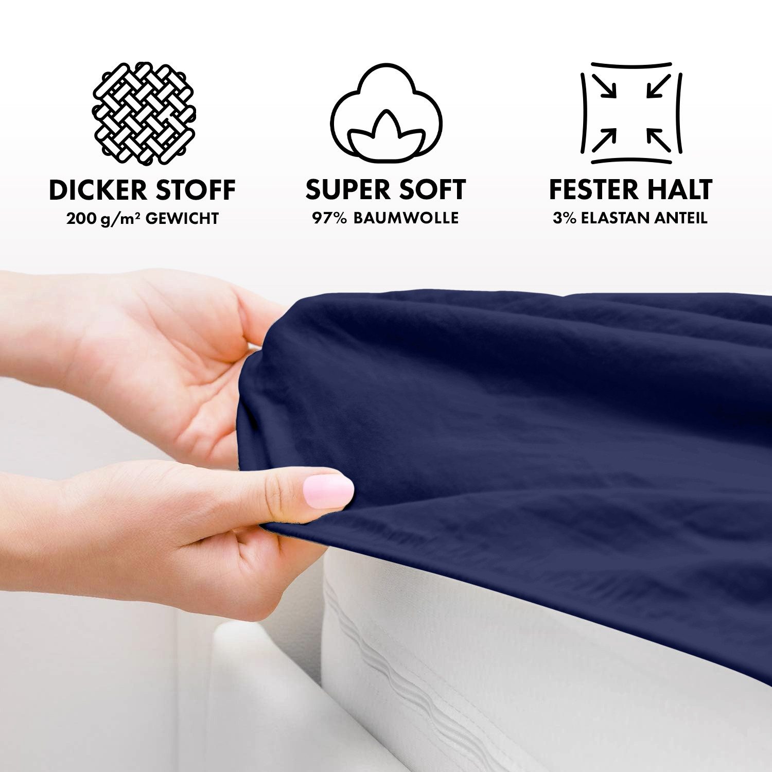 Jacobson Spannbettlaken PREMIUM 200 g/m² Jersey aus 97% Baumwolle & 3% Elasthan, Extra dichtes Bettlaken mit maximalem Halt – Bild 3 von 5