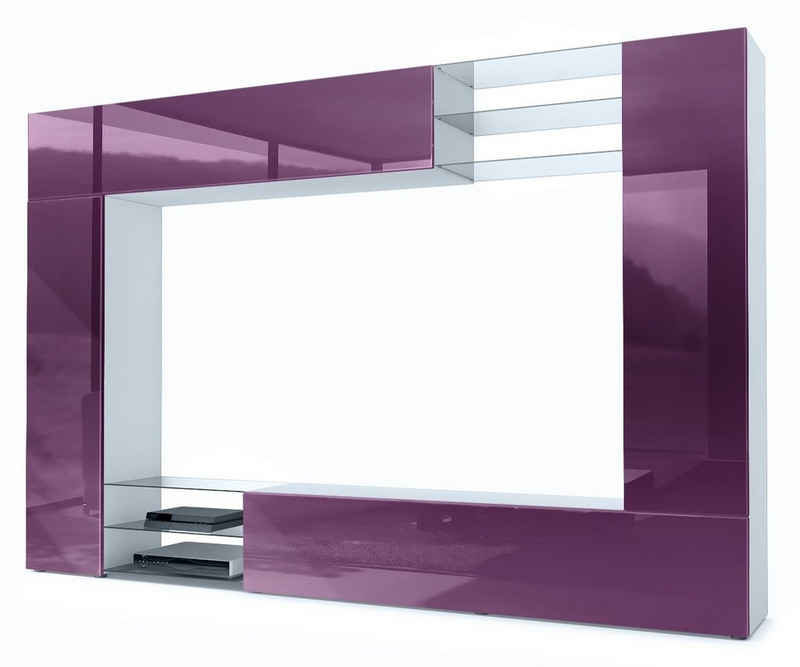 Vladon Wohnwand Mirage, (Anbauwand mit Rückwand mit 2 Türen, 4-St., 2 Klappen und 6 offenen Glasablagen), Weiß matt/Brombeer Hochglanz (262 x 183 x 39 cm)