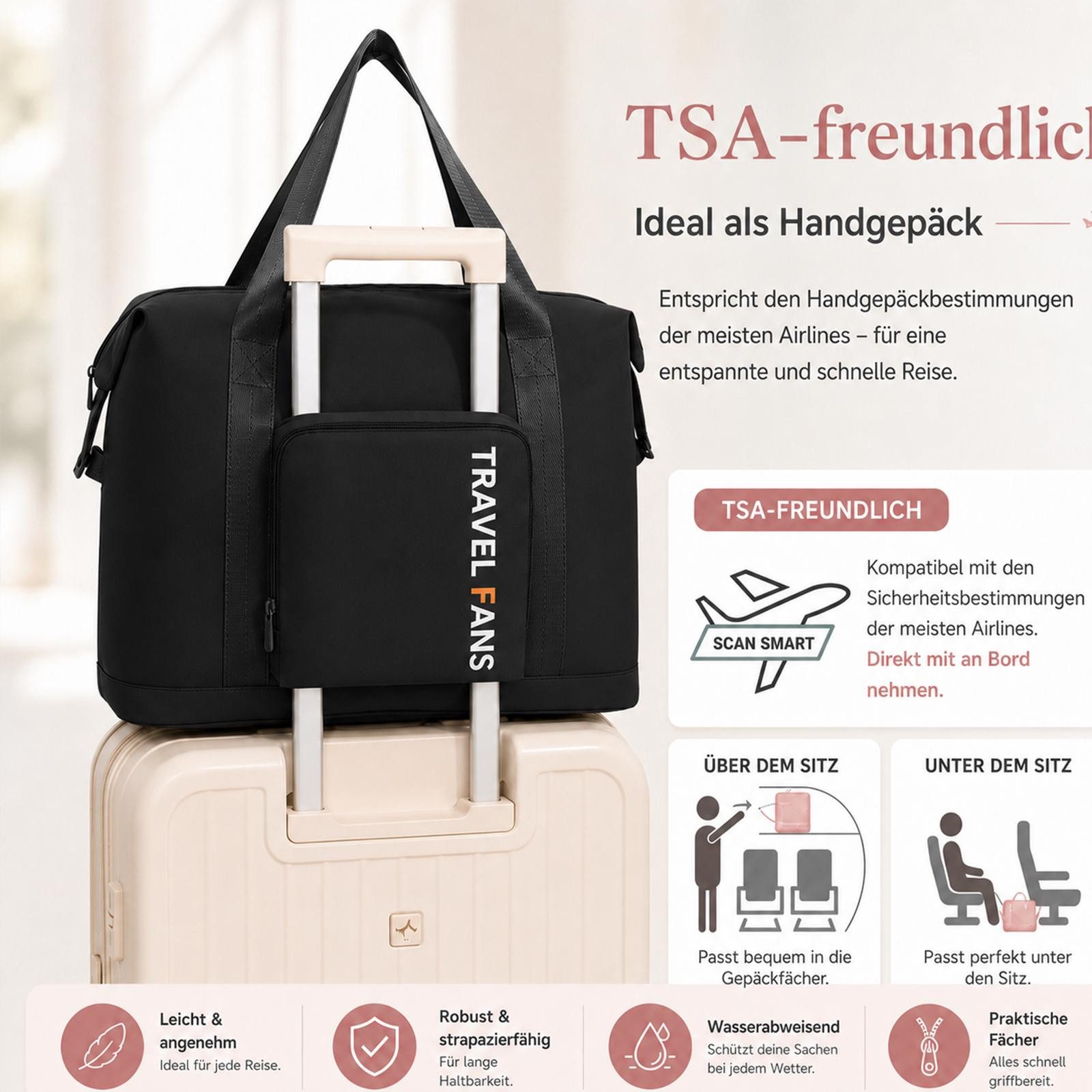 VERCO Reisetasche faltbar mit Trolley Schlaufe und Frontfach (1-tlg), Faltbare Handgepäcktasche für Reisen mit Kofferhalterung