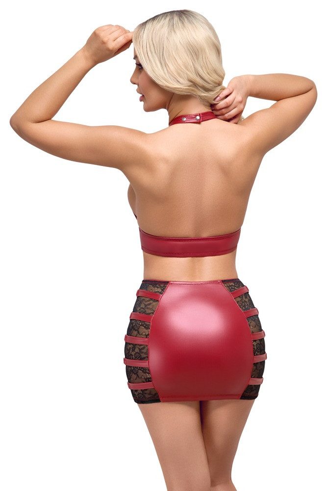 Cottelli Collection Top & Rock Wetlook-Set: BH und Minirock - rot, schwarz (2-tlg) Wetlook und transparente Spitze