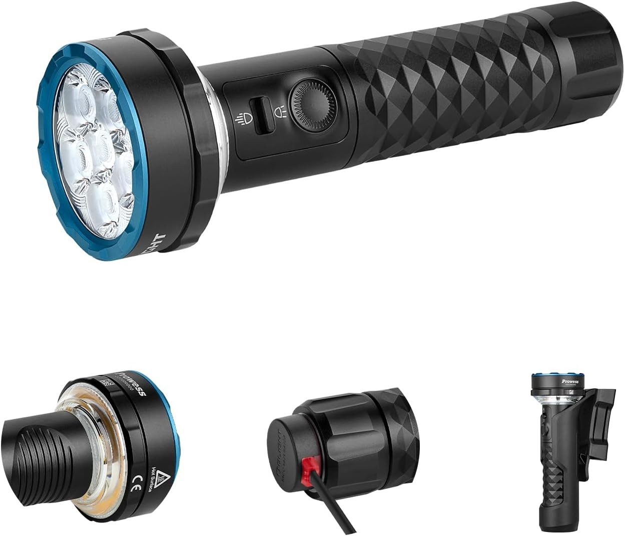 OLIGHT Taschenlampe Prowess LED-Taschenlampe mit bidirektionalem Licht (5000 Lumen Kaltweiß-Lampe, 245m Reichweite Wiederaufladbare Leuchte mit Holster und USB-C), für Outdoor und Camping, IPX7
