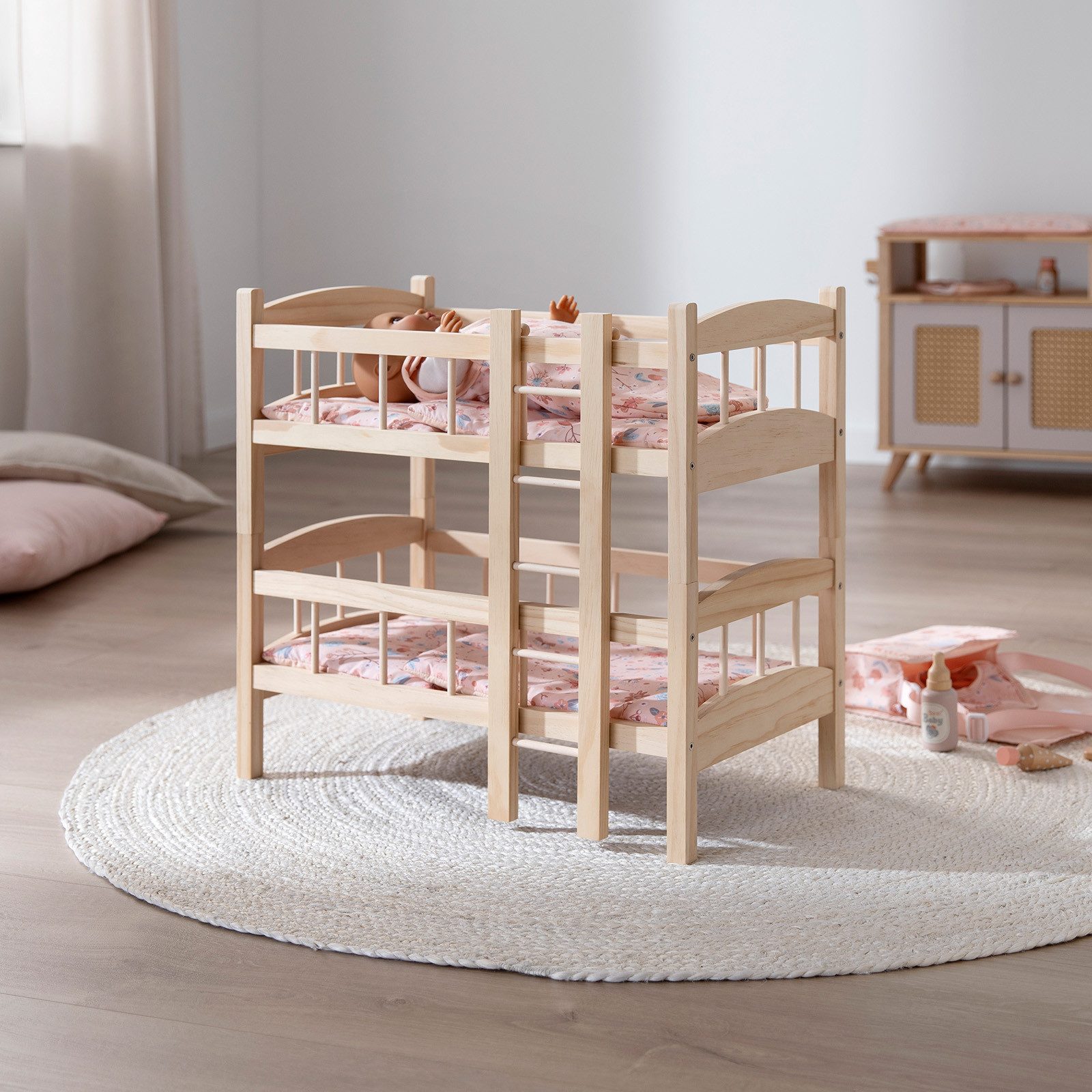 howa Puppenbett miniflowers, Puppen Etagenbett Holz, inkl. 2× Bettzeug, für Puppen bis 50 cm