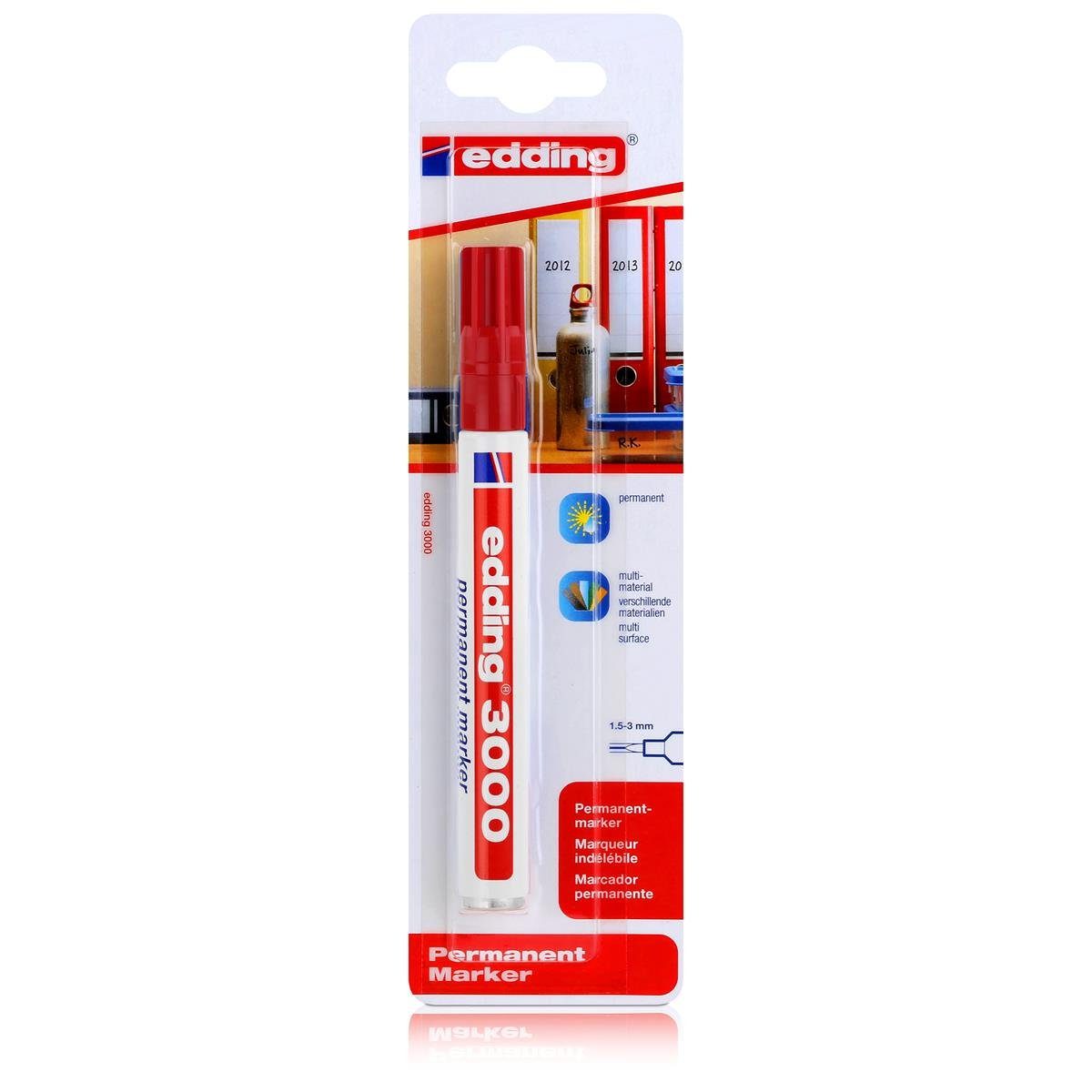 Permanentmarker edding 3000 Permanent Marker rot Spitze 1,5-3mm wasserfest, wischfest
