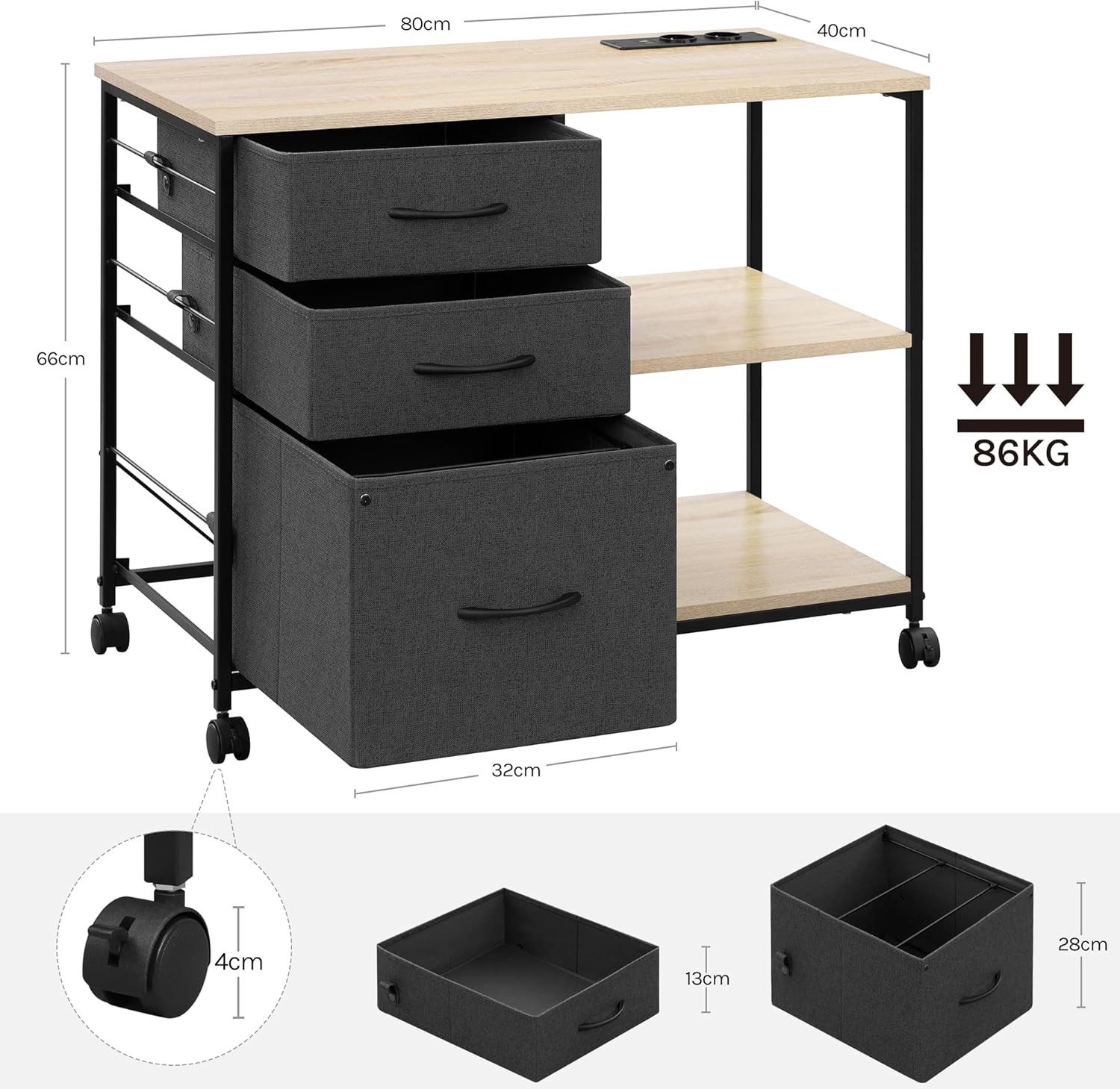 Woltu Aktenschrank mit Schubladen, mit Ladestation, Druckertisch mit Rollen