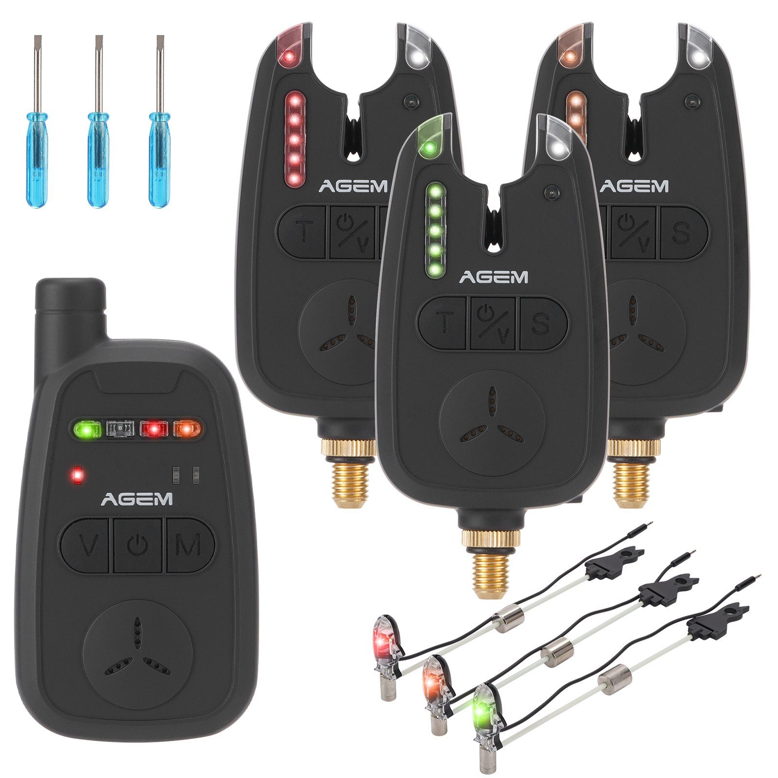 AGEM Bissanzeiger Funk 3+1 Swinger Set Angeln mit LED Wasserdicht Funkbissanzeiger