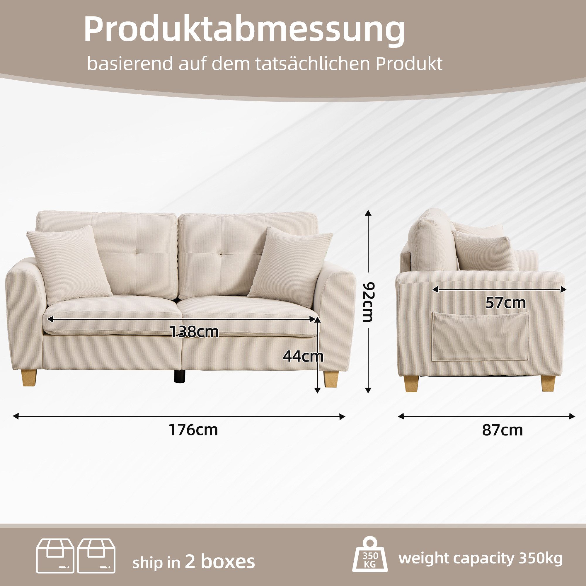 CANMOV Schlafsofa Canmov 2&3 Sitzer Sofa, Sofas Wohnzimmer mit Seitentasche & Kissen, kleines sofa, schlafsofa dauerschläfer, 176cm Breite, couch