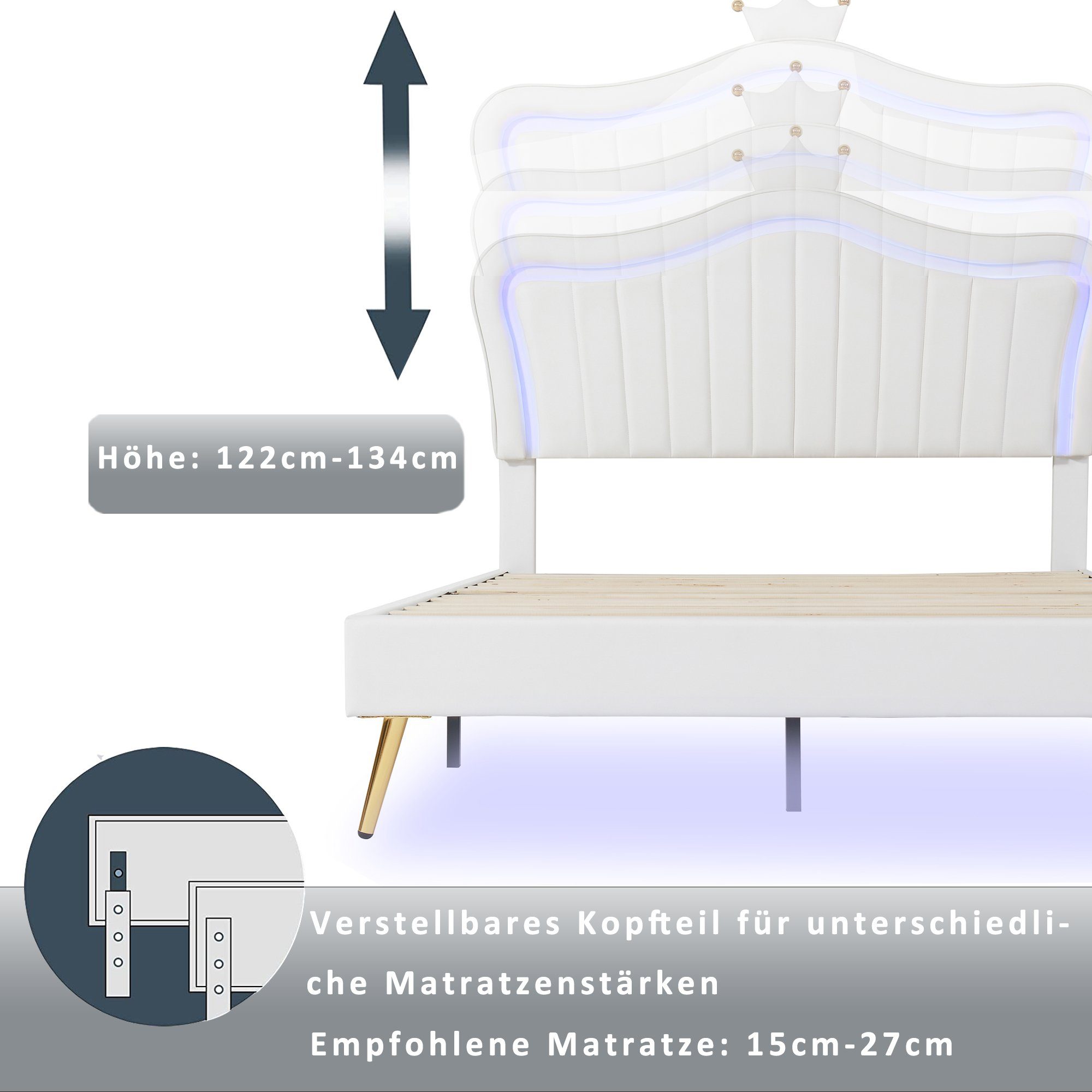 Polsterbett (Doppelbett mit LED Beleuchtung und Lattenrost), Krone Kinderbett für Mädchen, Kunstleder, 140x200cm