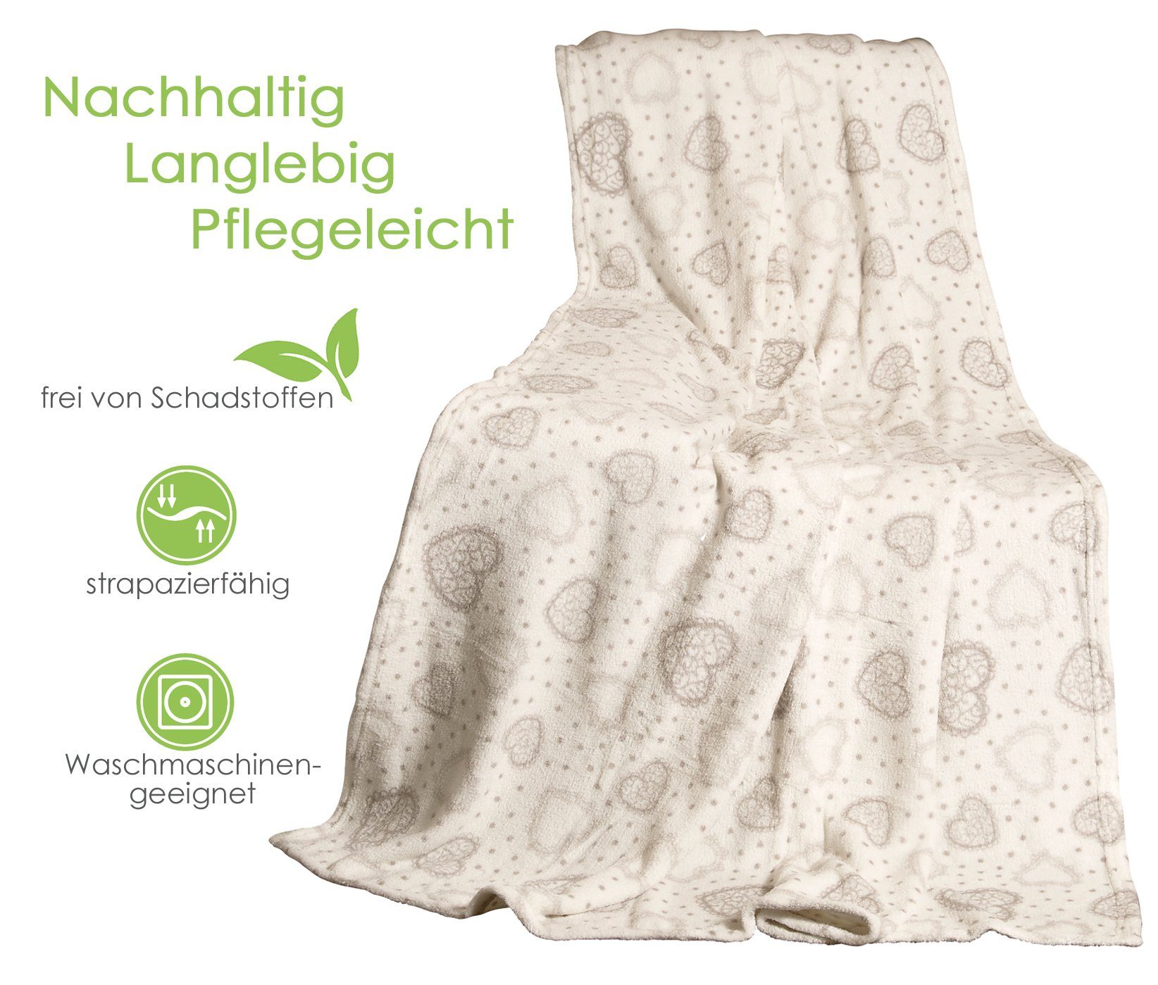 Wohndecke Kuscheldecke Herzen Flanell Sofadecke Landhaus, heimtexland, kuschelig weich und warm I XL 150x200 – Bild 4 von 5